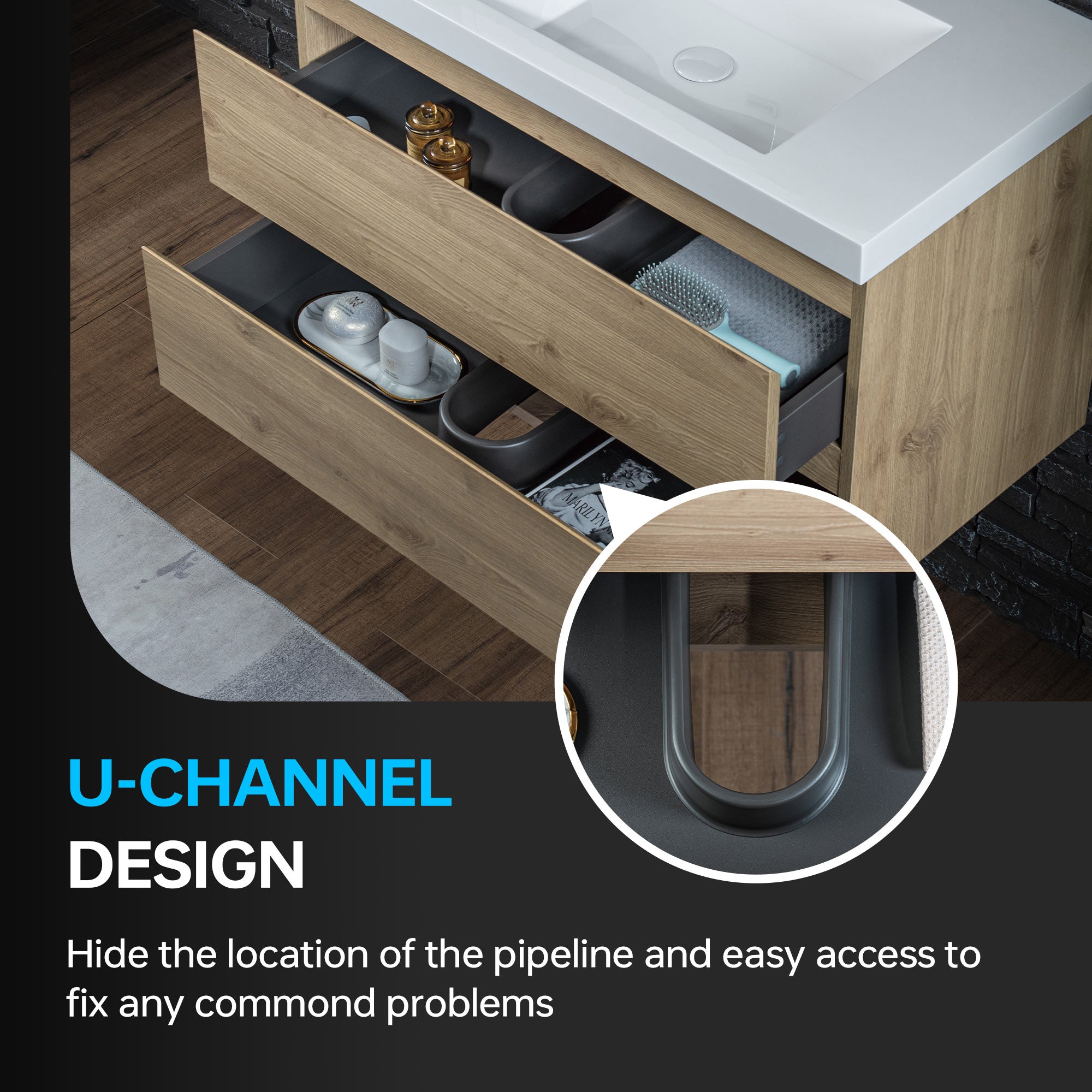 WOODBRIDGE 23-5/8 in. W x 19-5/8 in. D Wall Mounted Floating Vanity in Natural Oak with Resin Composite Vanity Top in Glossy White