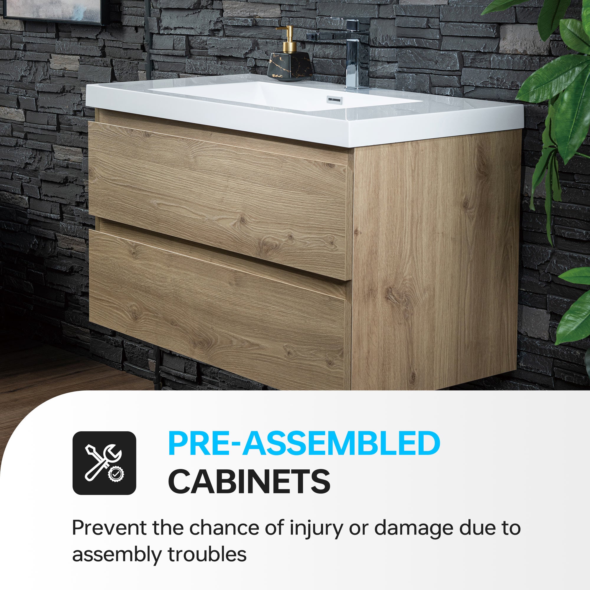WOODBRIDGE 23-5/8 in. W x 19-5/8 in. D Wall Mounted Floating Vanity in Natural Oak with Resin Composite Vanity Top in Glossy White
