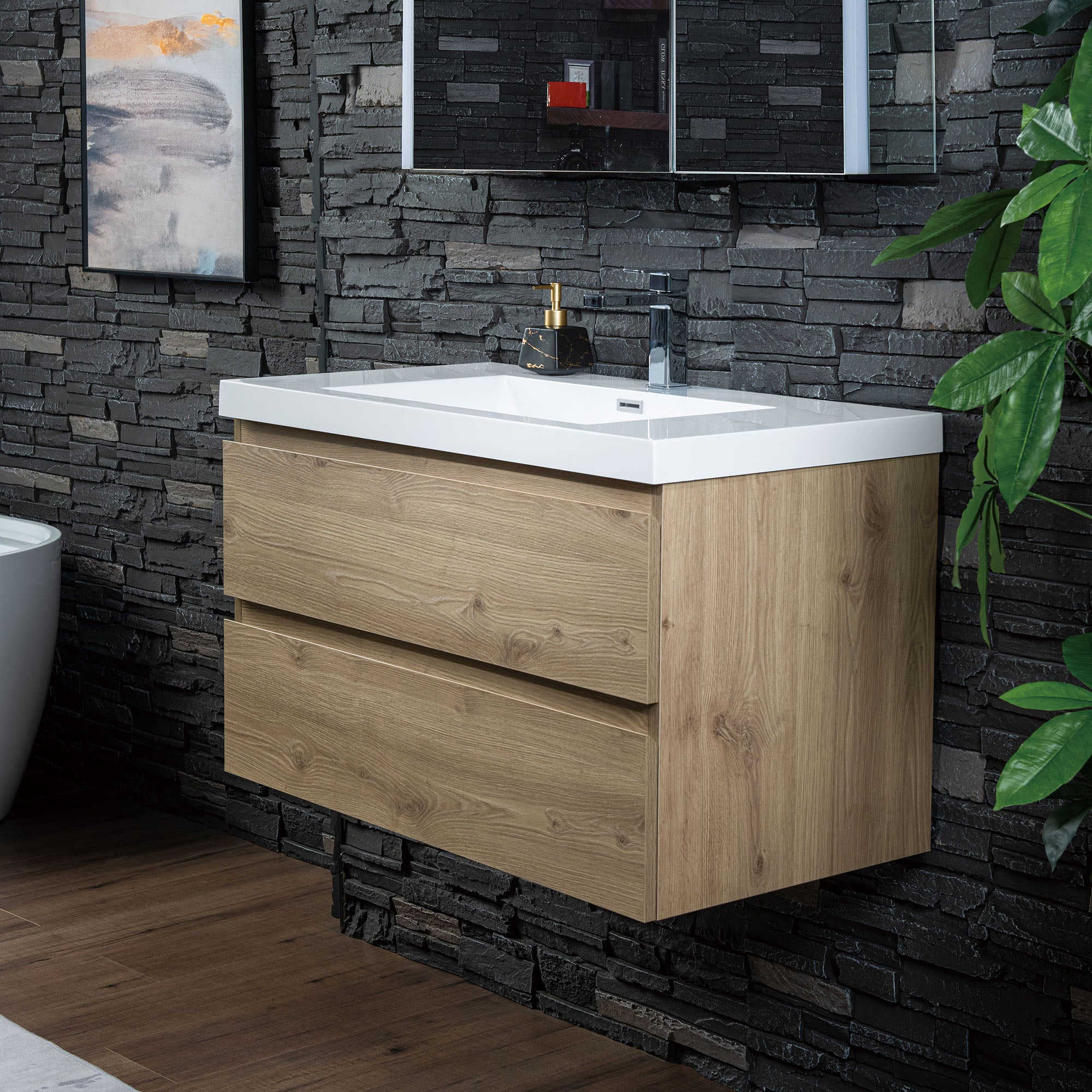 WOODBRIDGE 23-5/8 in. W x 19-5/8 in. D Wall Mounted Floating Vanity in Natural Oak with Resin Composite Vanity Top in Glossy White