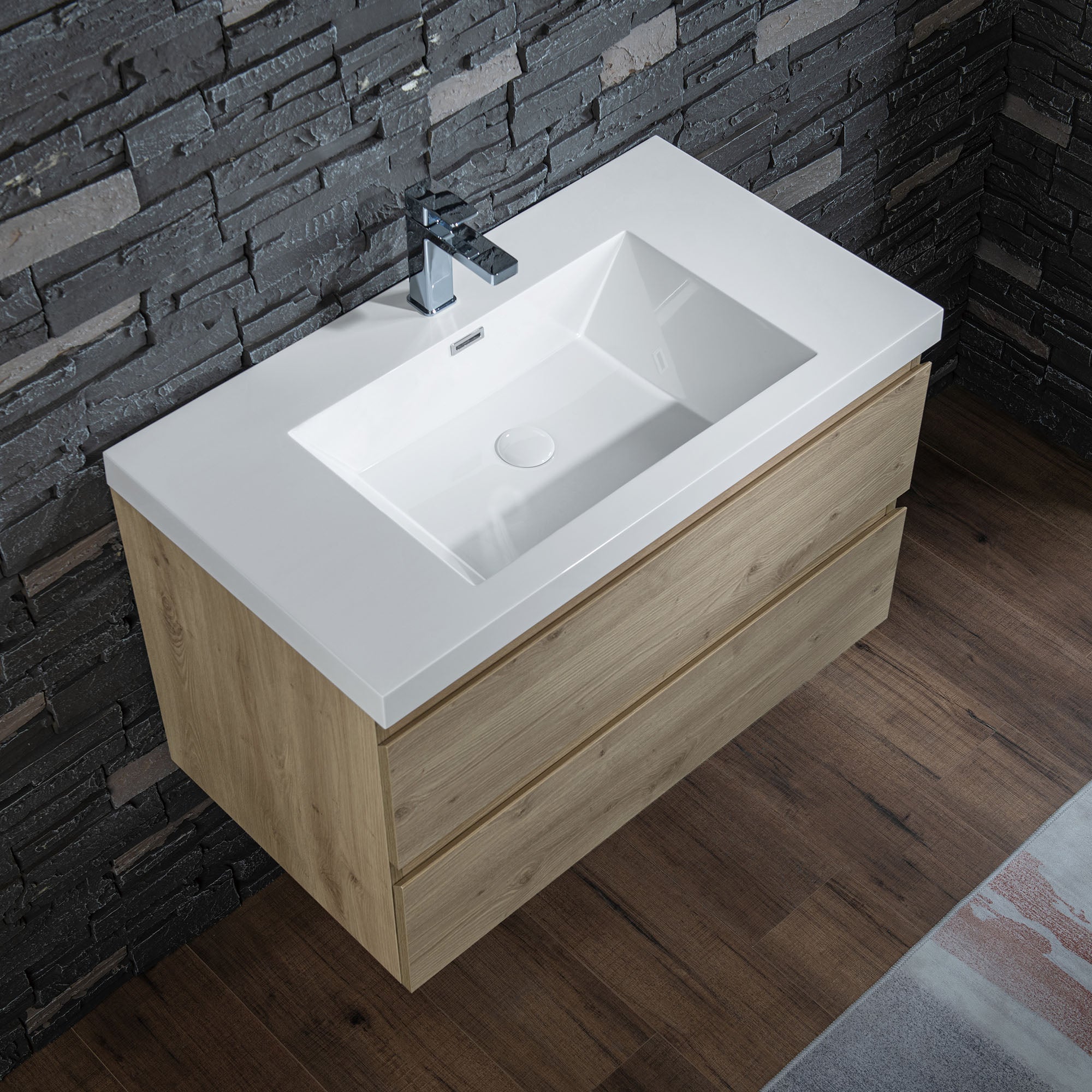 WOODBRIDGE 23-5/8 in. W x 19-5/8 in. D Wall Mounted Floating Vanity in Natural Oak with Resin Composite Vanity Top in Glossy White