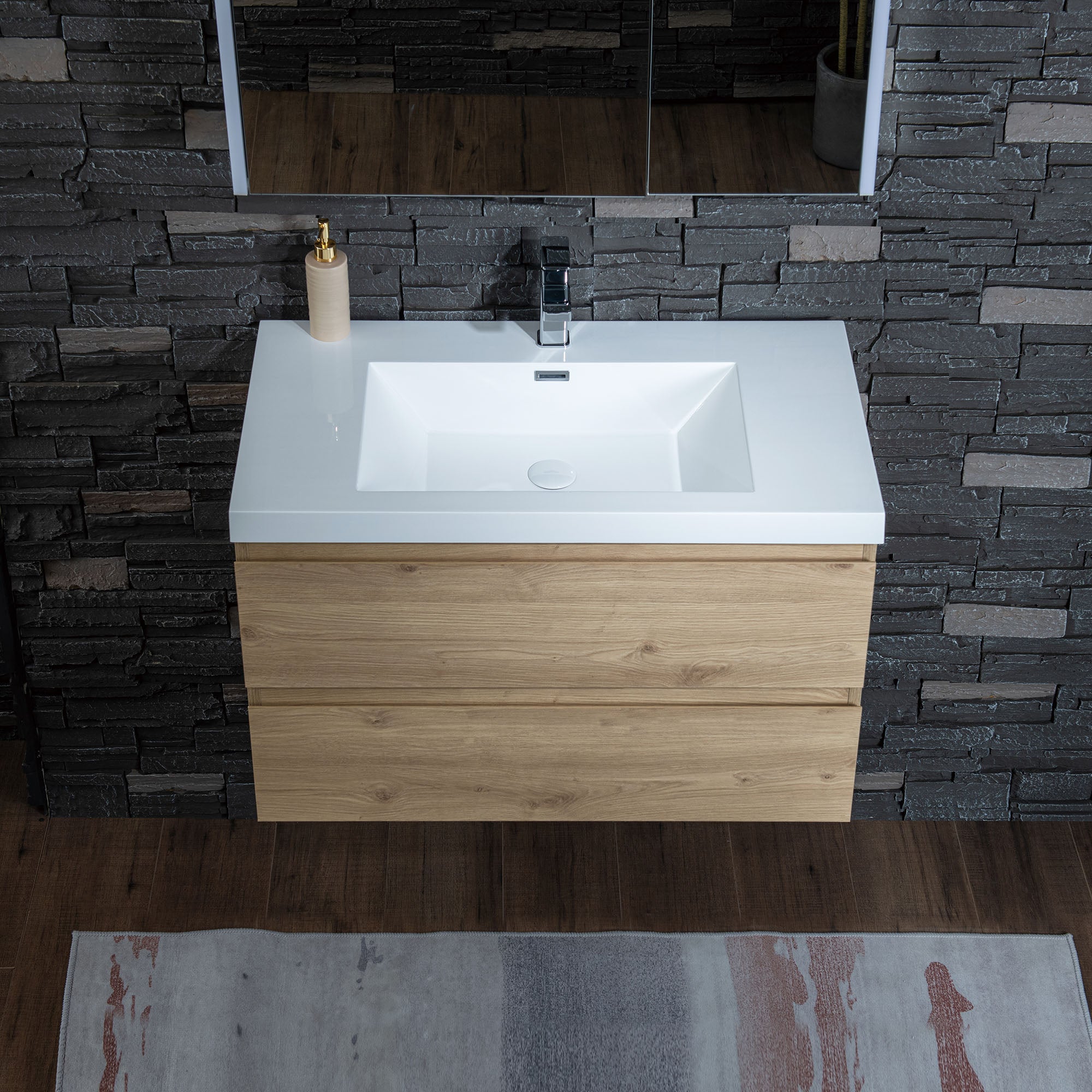 WOODBRIDGE 23-5/8 in. W x 19-5/8 in. D Wall Mounted Floating Vanity in Natural Oak with Resin Composite Vanity Top in Glossy White