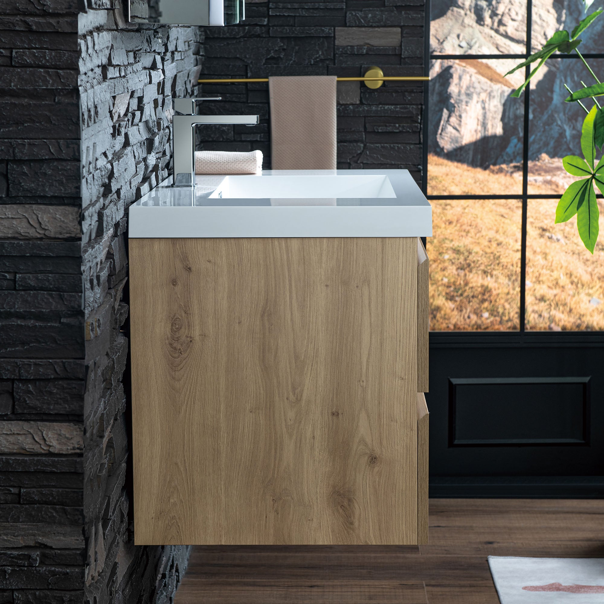 WOODBRIDGE 23-5/8 in. W x 19-5/8 in. D Wall Mounted Floating Vanity in Natural Oak with Resin Composite Vanity Top in Glossy White