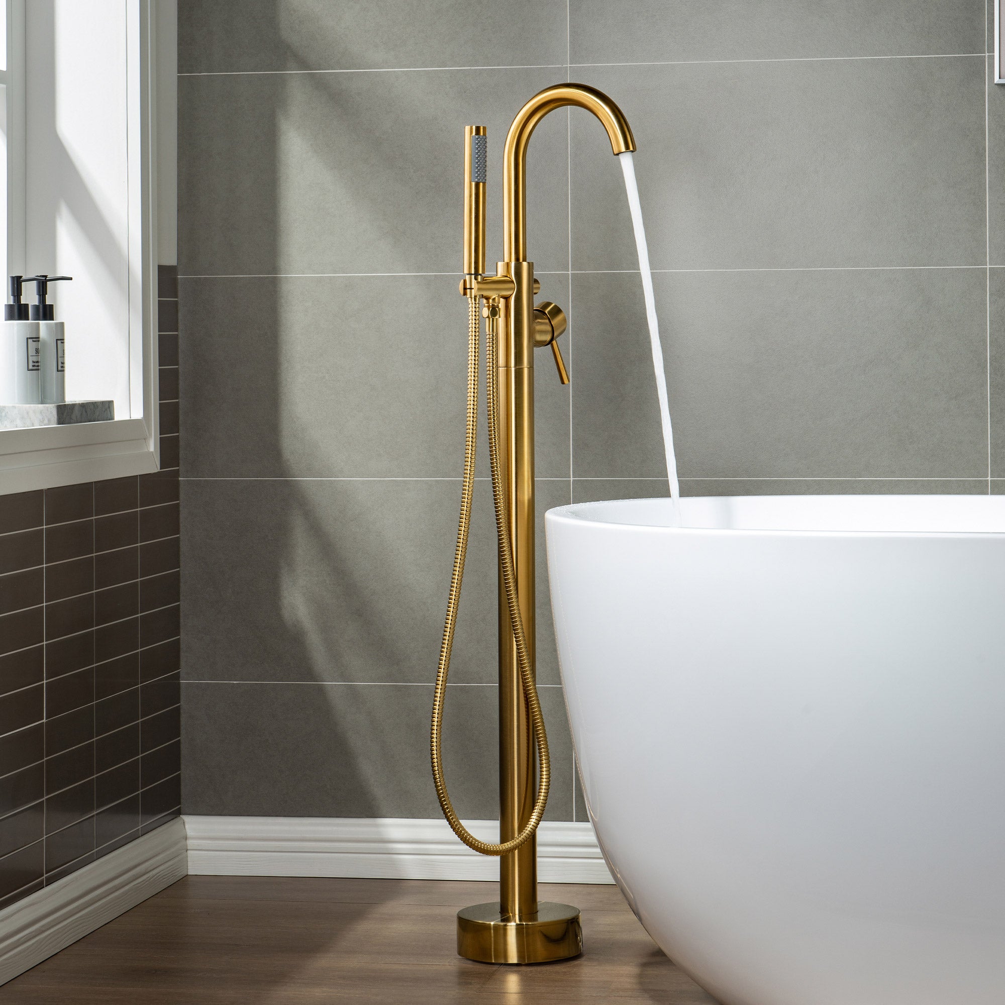 WOODBRIDGE F0001BNRD Contemporary Single Handle Floor Mount Freestanding Tub Filler Faucet with Hand shower