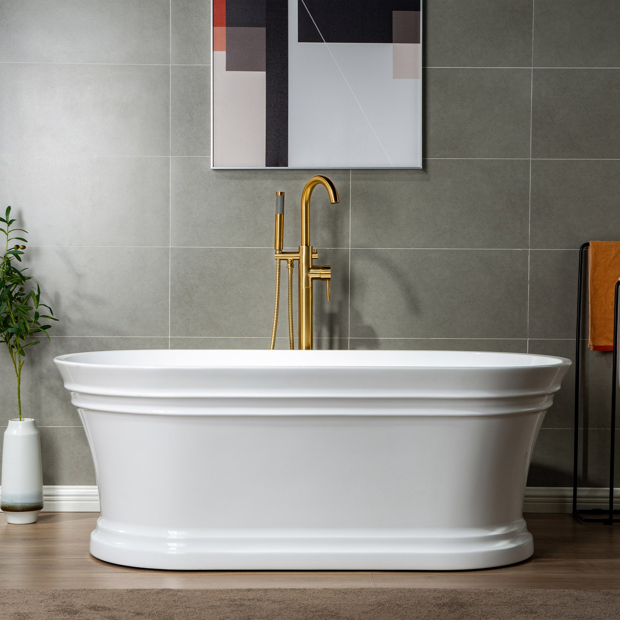 WOODBRIDGE F0001BNRD Contemporary Single Handle Floor Mount Freestanding Tub Filler Faucet with Hand shower