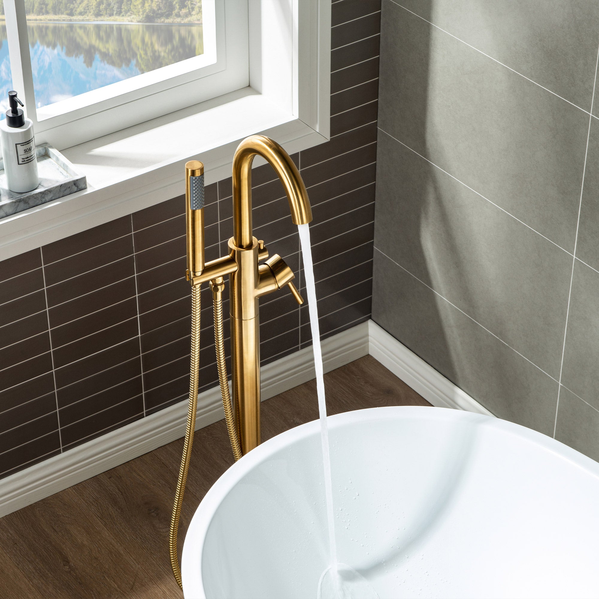 WOODBRIDGE F0001BNRD Contemporary Single Handle Floor Mount Freestanding Tub Filler Faucet with Hand shower
