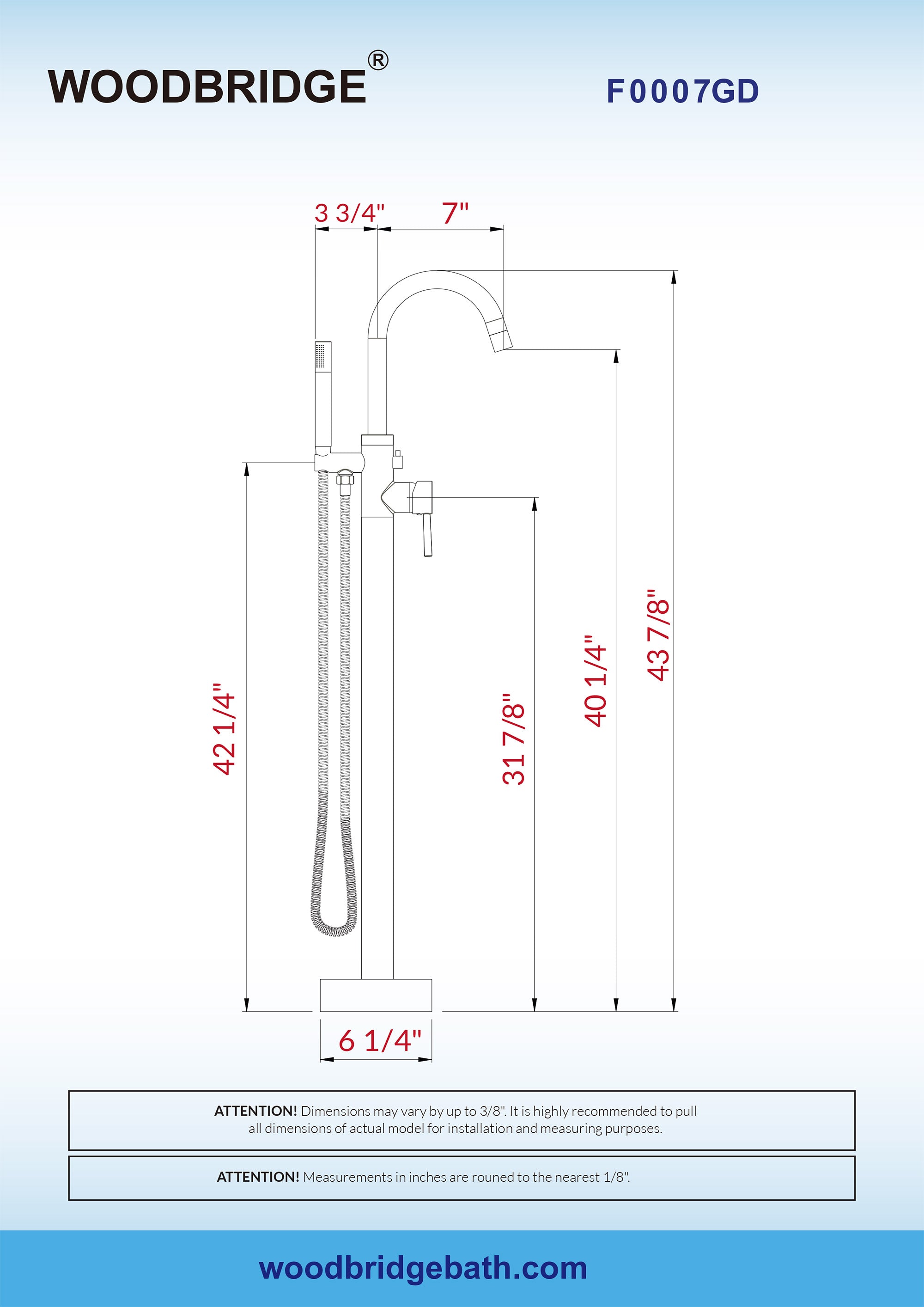 WOODBRIDGE F0001BNRD Contemporary Single Handle Floor Mount Freestanding Tub Filler Faucet with Hand shower