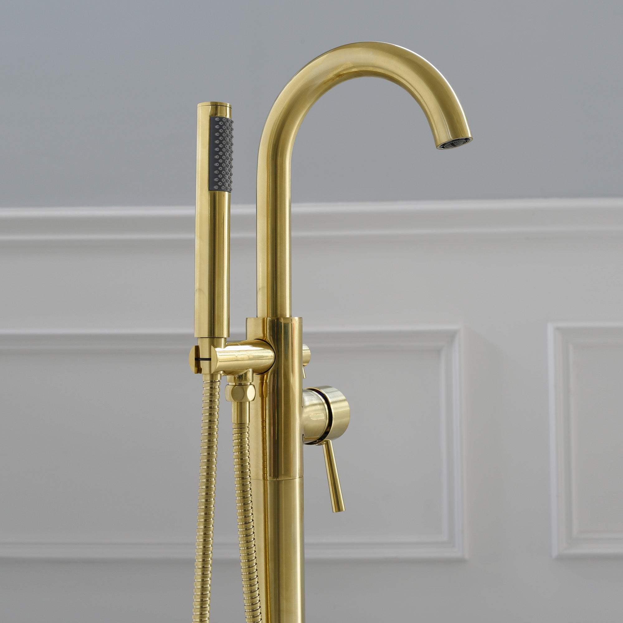 WOODBRIDGE F0001BNRD Contemporary Single Handle Floor Mount Freestanding Tub Filler Faucet with Hand shower