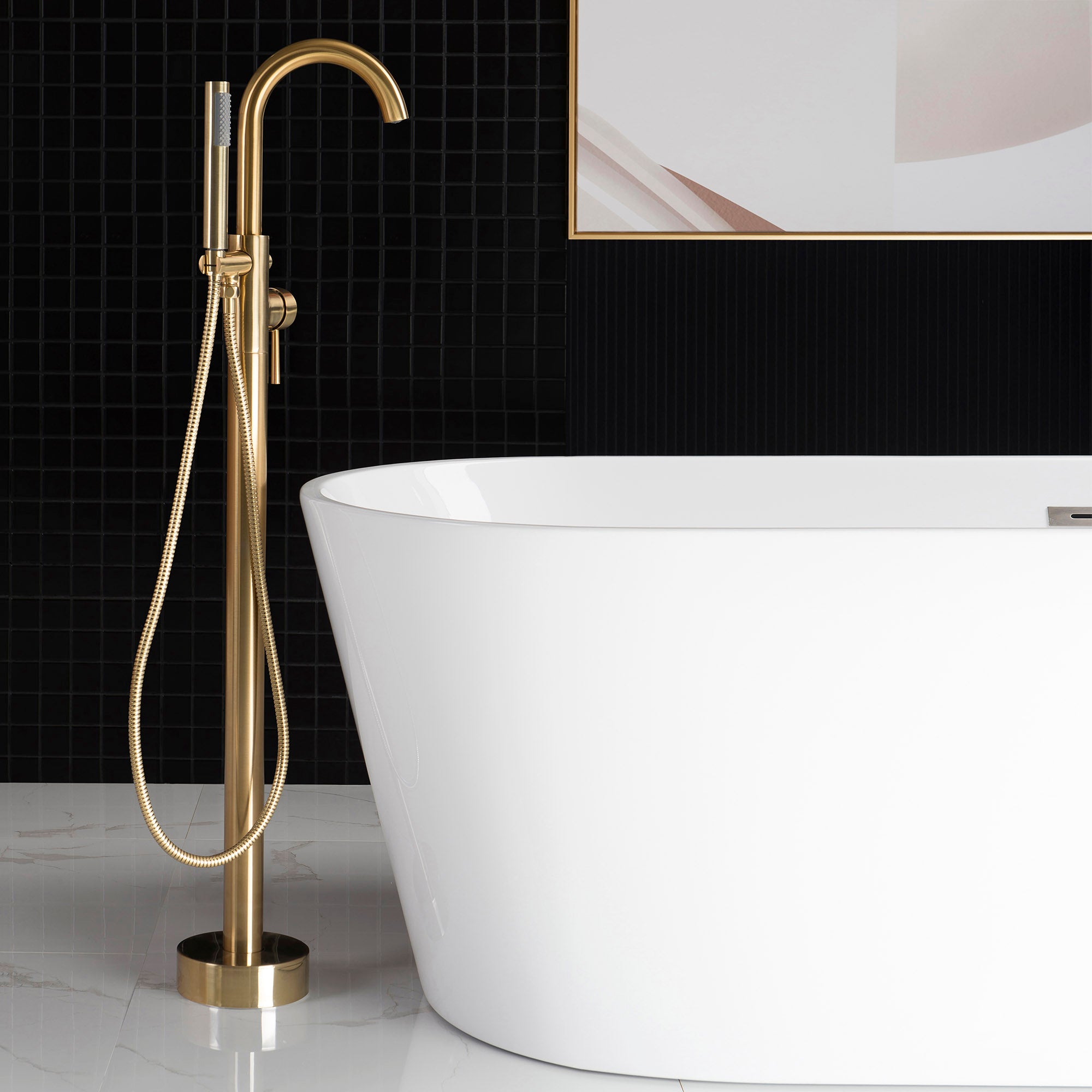 WOODBRIDGE F0001BNRD Contemporary Single Handle Floor Mount Freestanding Tub Filler Faucet with Hand shower
