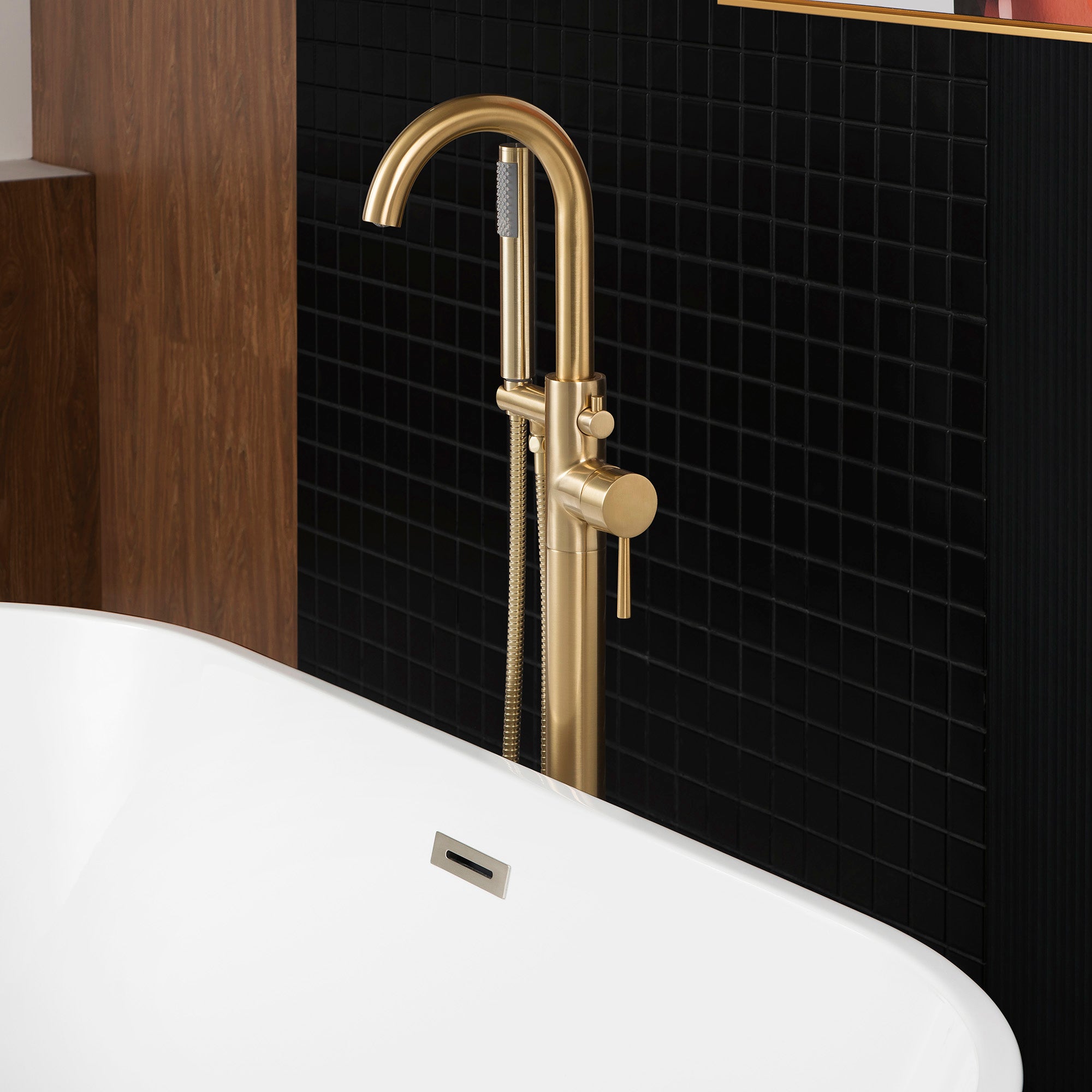 WOODBRIDGE F0001BNRD Contemporary Single Handle Floor Mount Freestanding Tub Filler Faucet with Hand shower