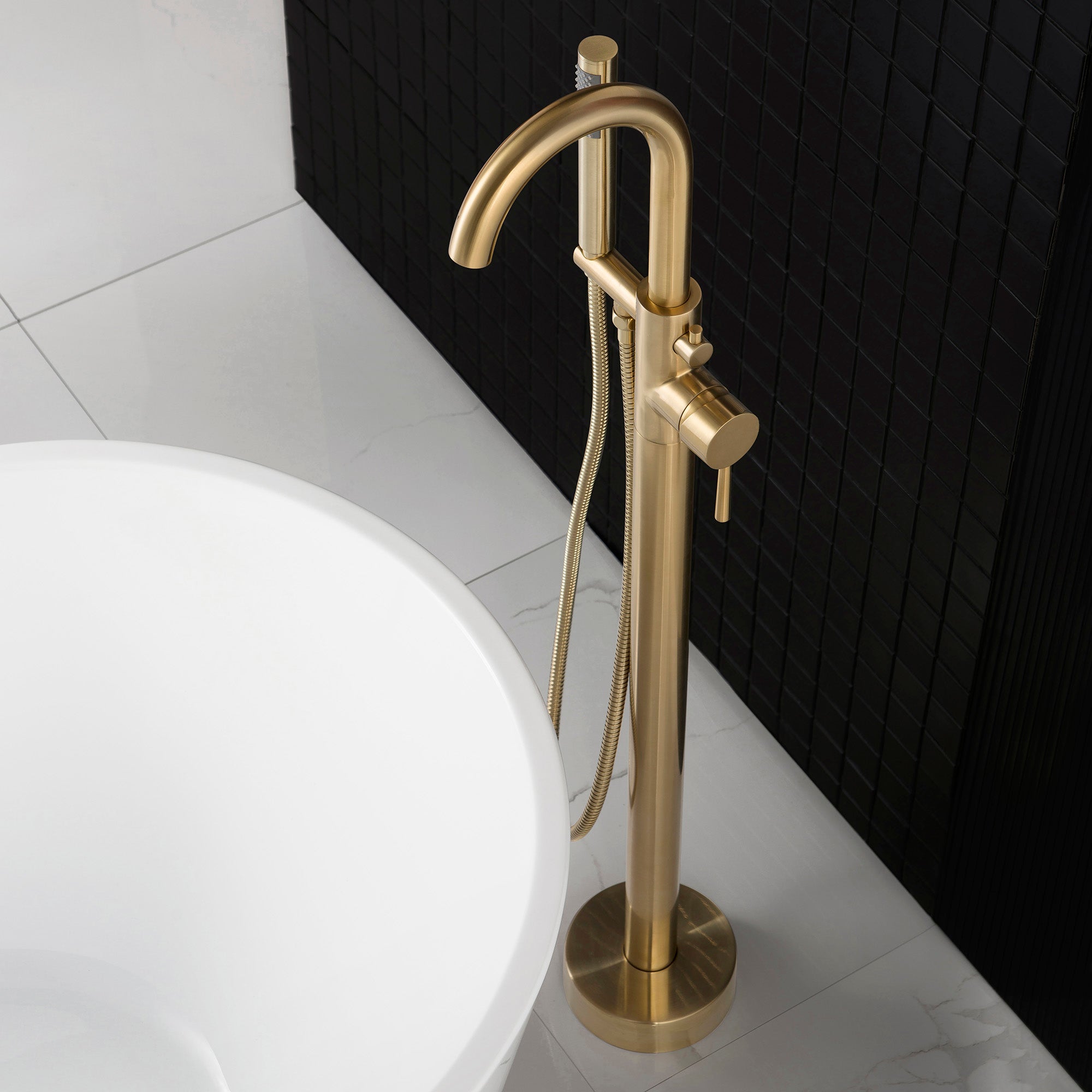 WOODBRIDGE F0001BNRD Contemporary Single Handle Floor Mount Freestanding Tub Filler Faucet with Hand shower
