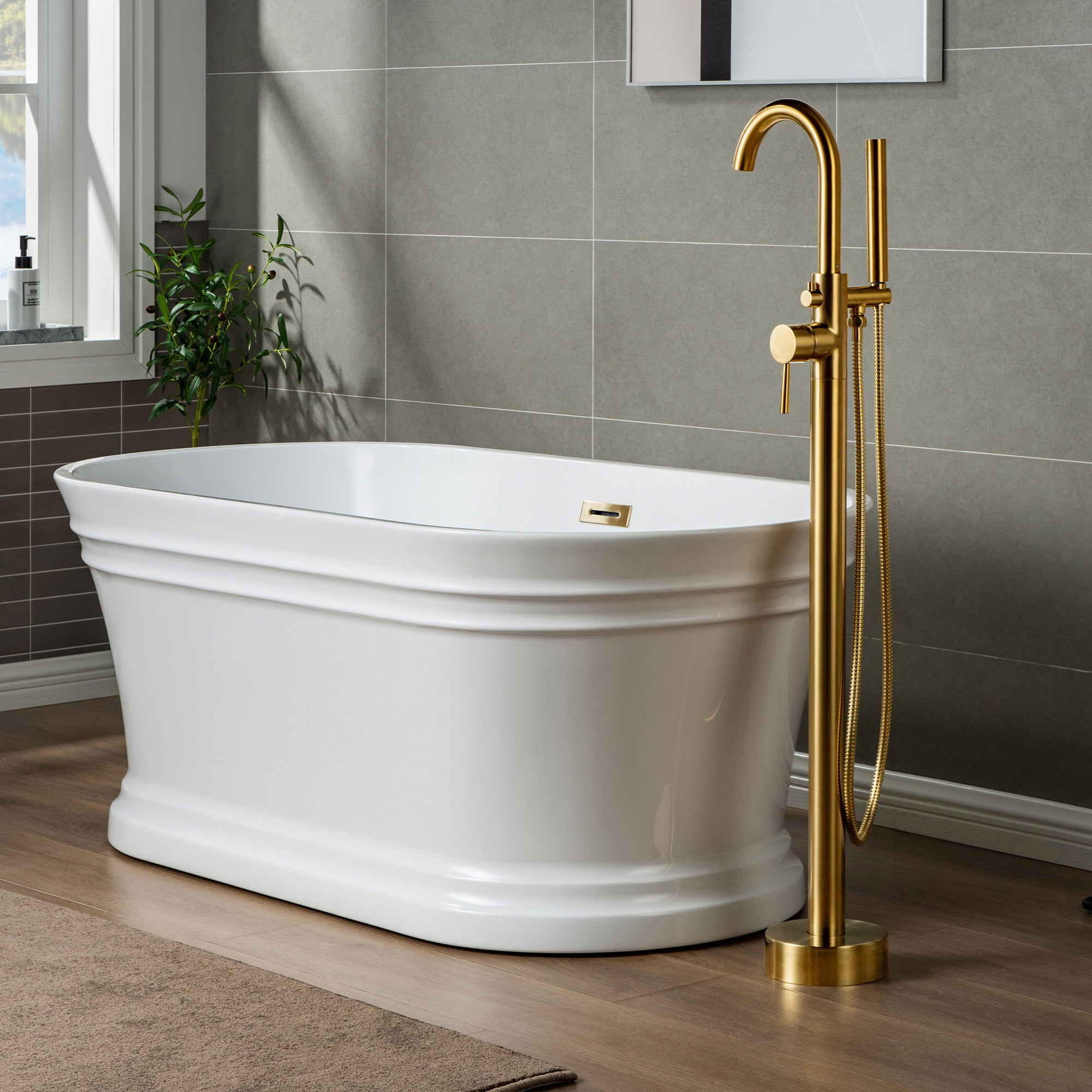 WOODBRIDGE F0001BNRD Contemporary Single Handle Floor Mount Freestanding Tub Filler Faucet with Hand shower