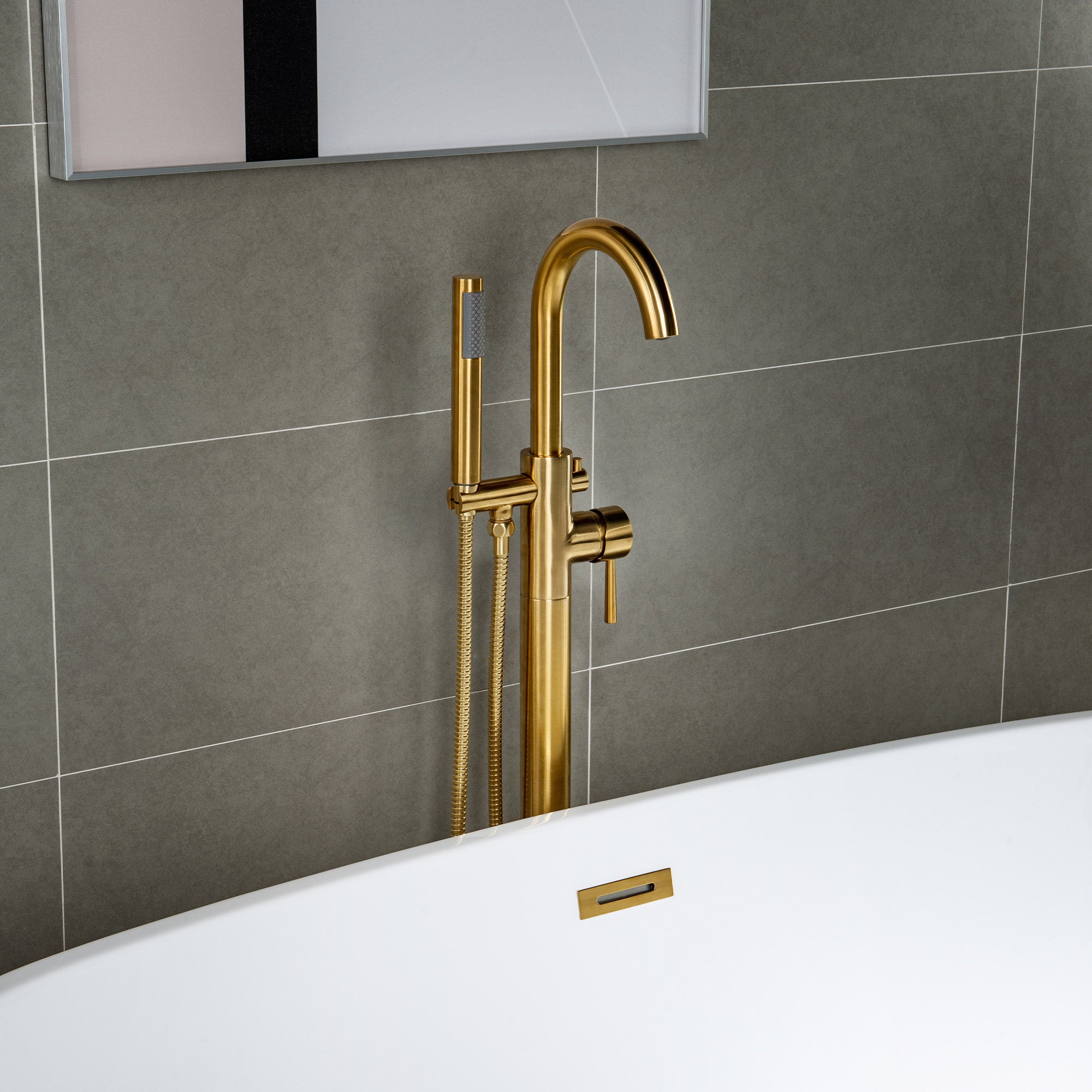 WOODBRIDGE F0001BNRD Contemporary Single Handle Floor Mount Freestanding Tub Filler Faucet with Hand shower