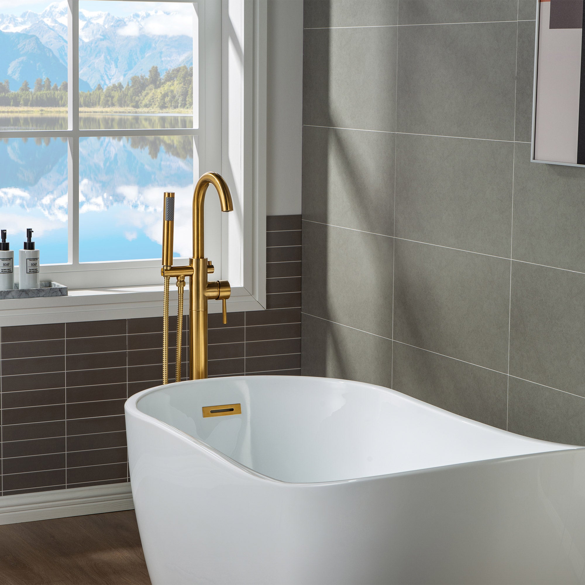 WOODBRIDGE F0001BNRD Contemporary Single Handle Floor Mount Freestanding Tub Filler Faucet with Hand shower