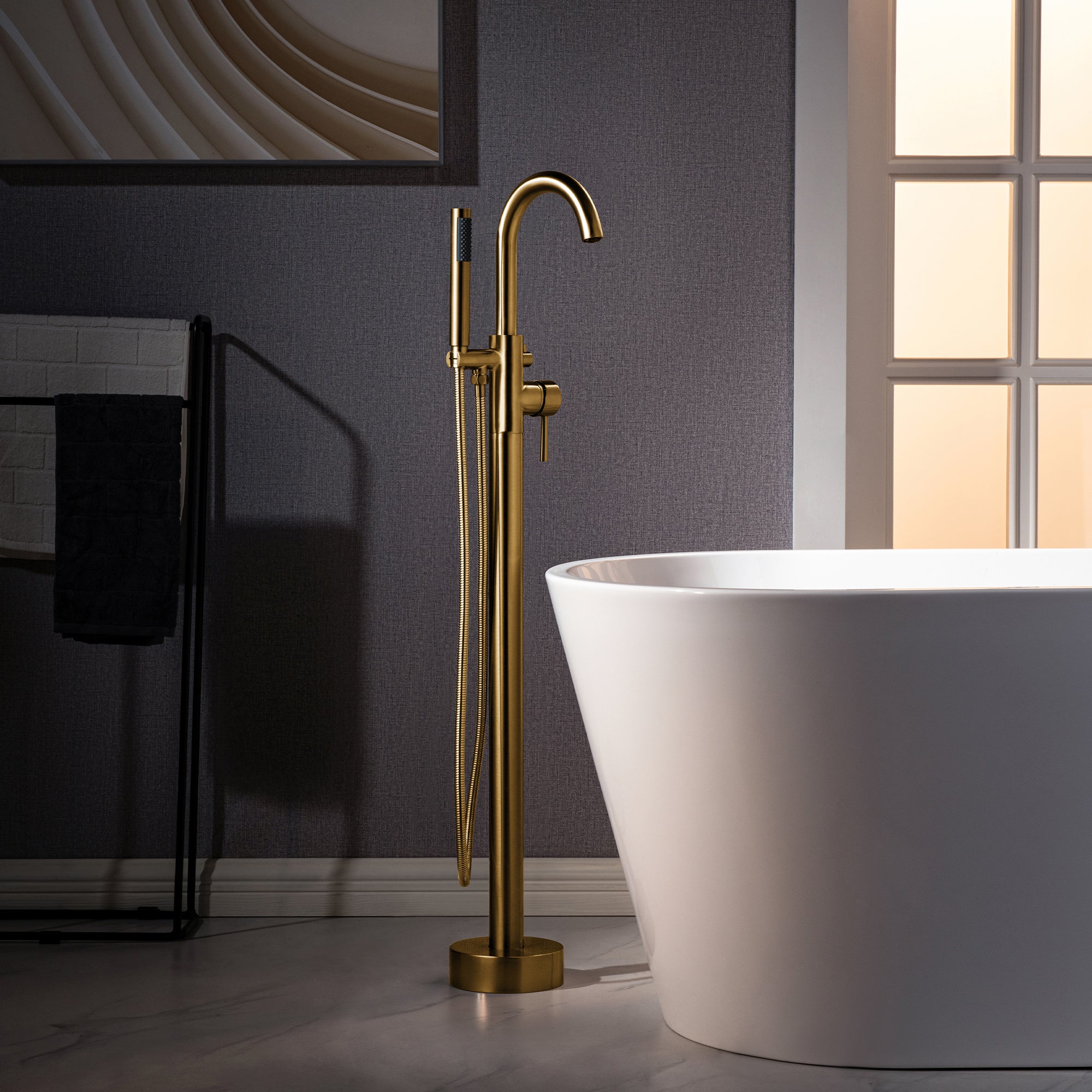 WOODBRIDGE Contemporary Single Handle Floor Mount Freestanding Tub Filler Faucet with Cylinder Shape Hand shower