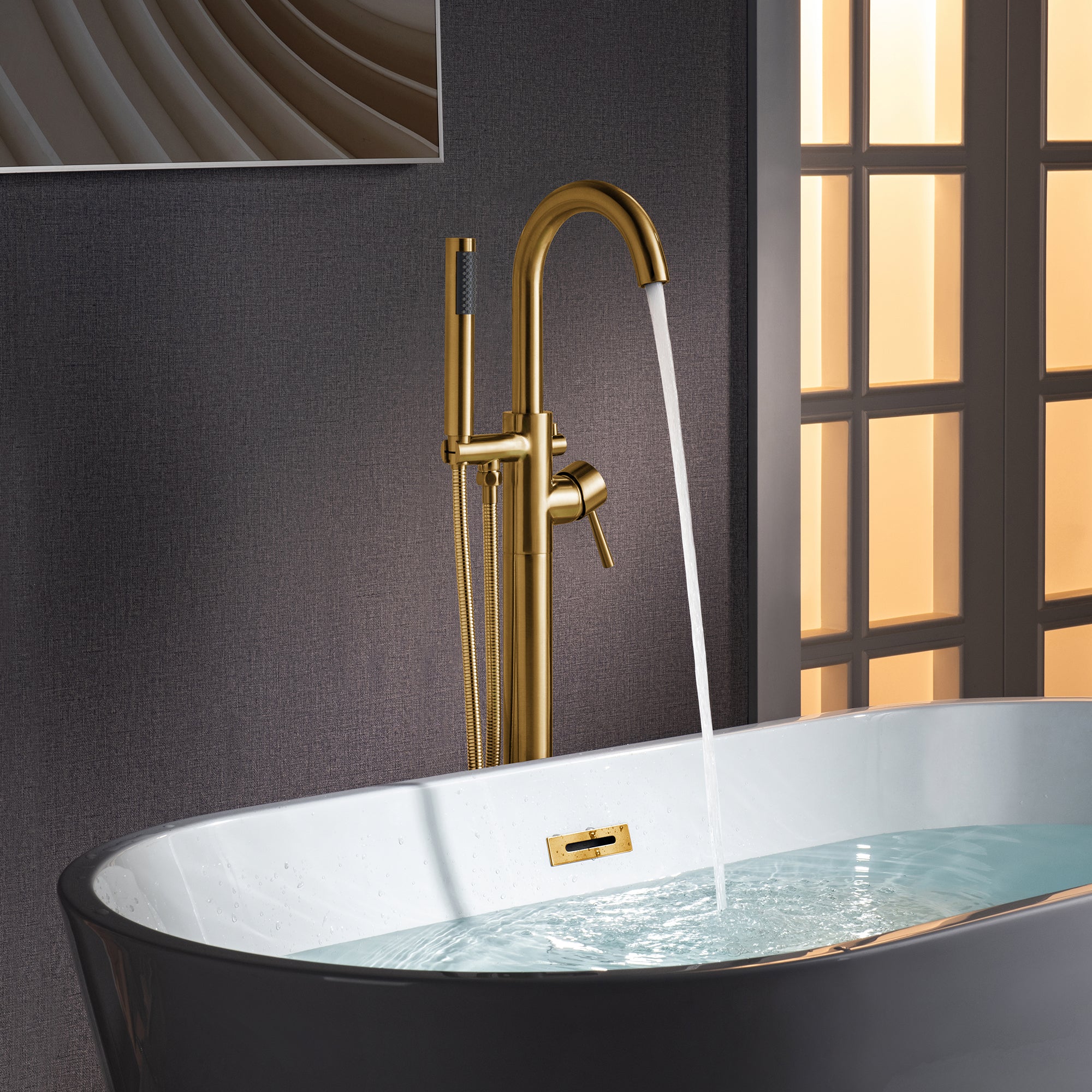 WOODBRIDGE Contemporary Single Handle Floor Mount Freestanding Tub Filler Faucet with Cylinder Shape Hand shower