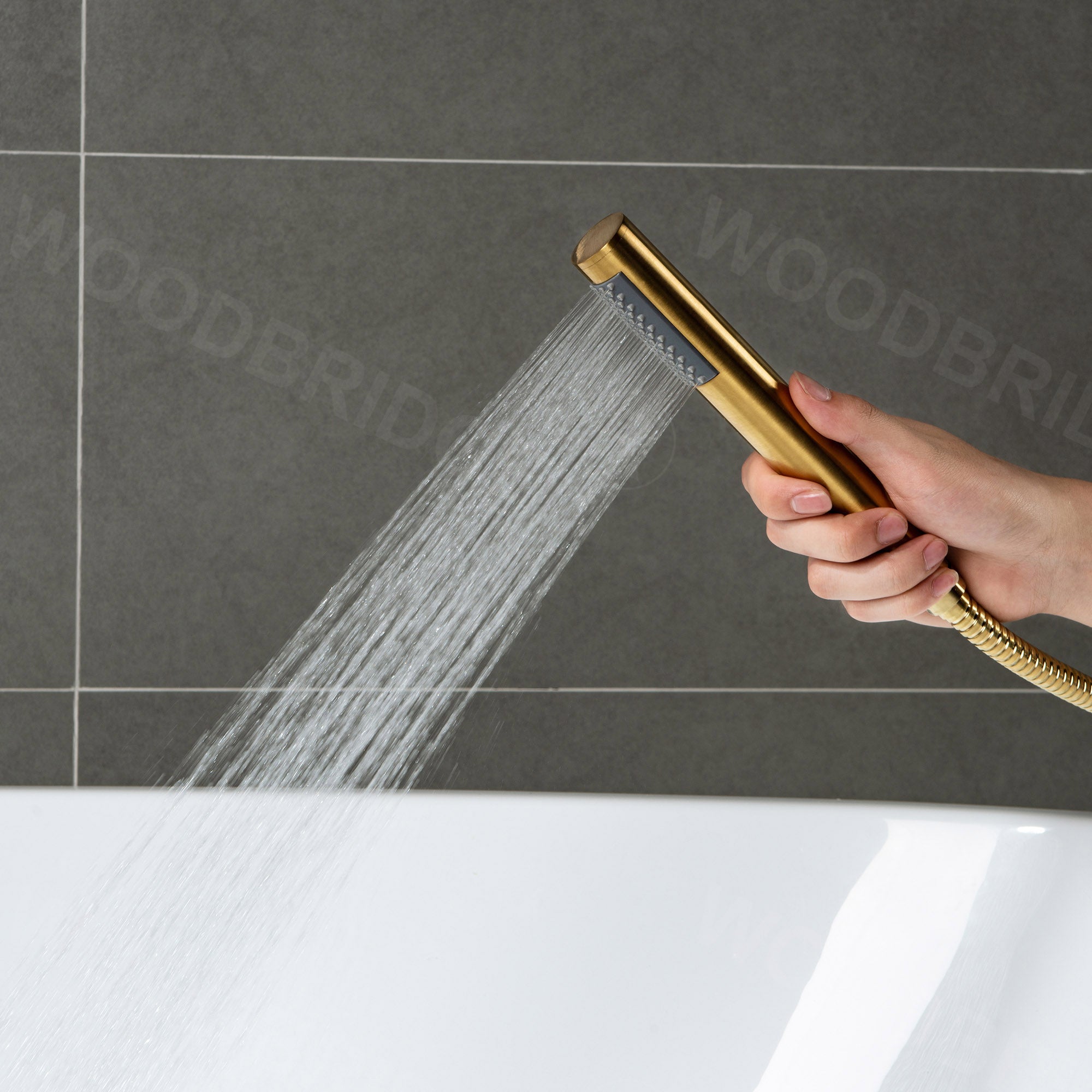 WOODBRIDGE Contemporary Single Handle Floor Mount Freestanding Tub Filler Faucet with Cylinder Shape Hand shower