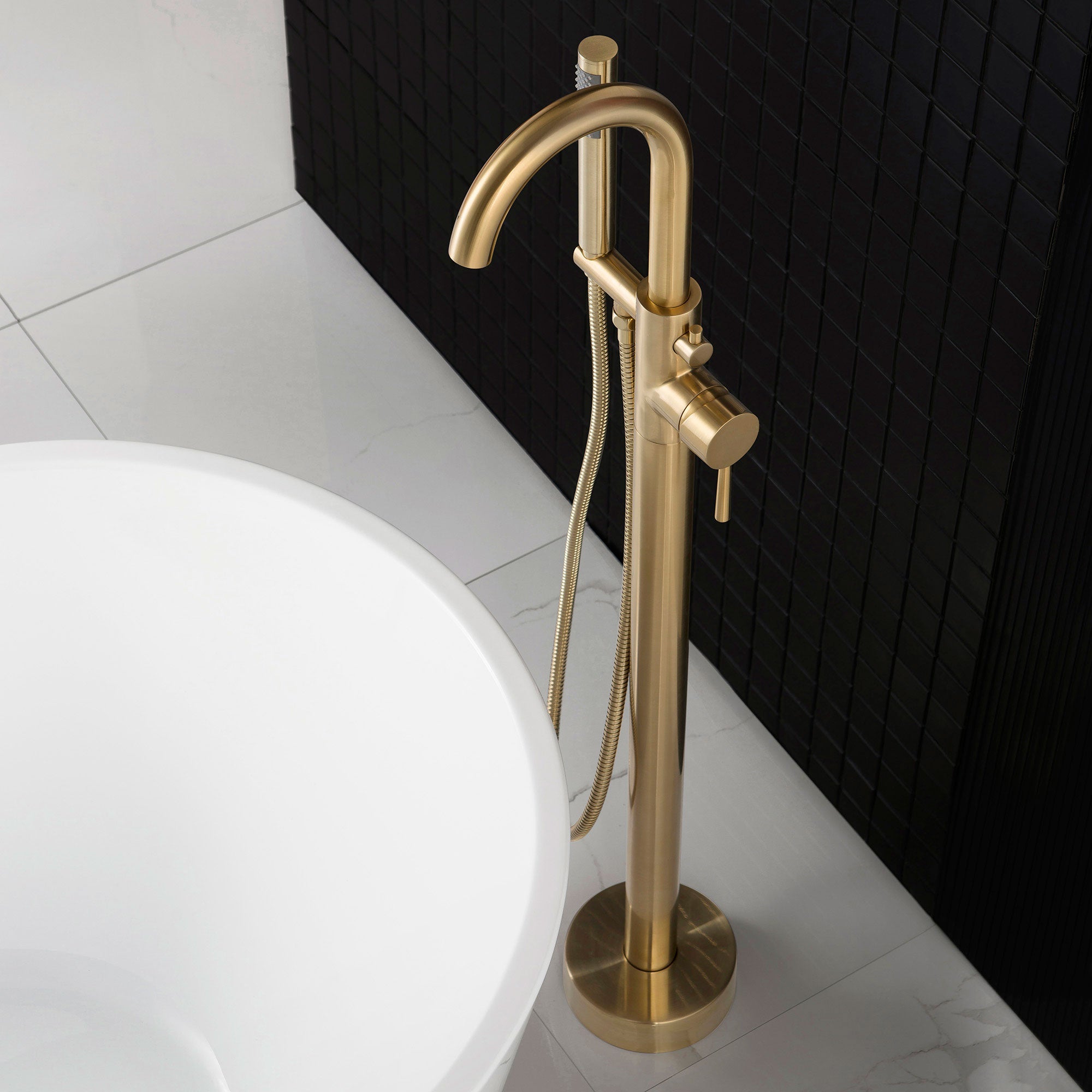 WOODBRIDGE Contemporary Single Handle Floor Mount Freestanding Tub Filler Faucet with Cylinder Shape Hand shower