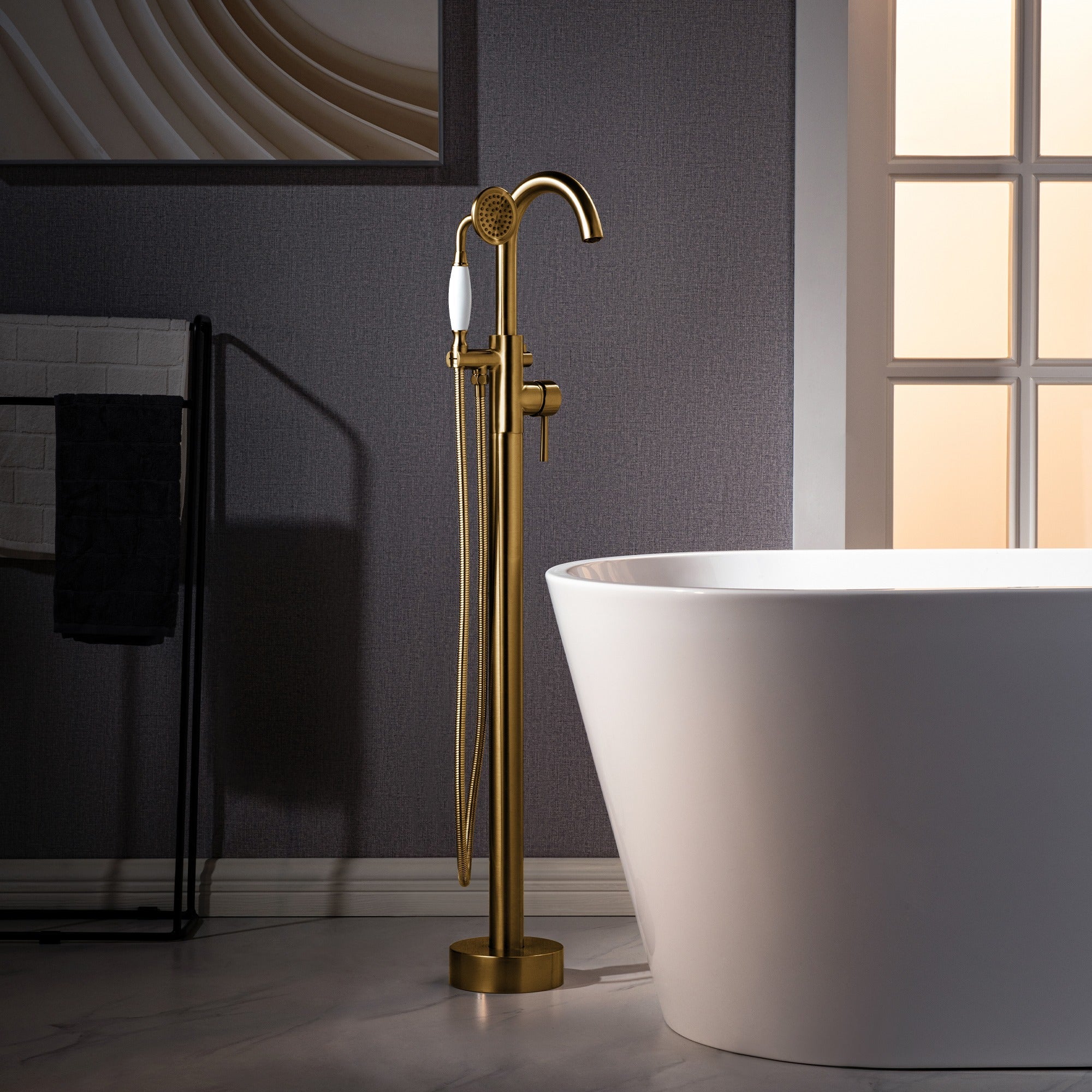 WOODBRIDGE Fusion Single Handle Floor Mount Freestanding Tub Filler Faucet with Telephone Hand shower