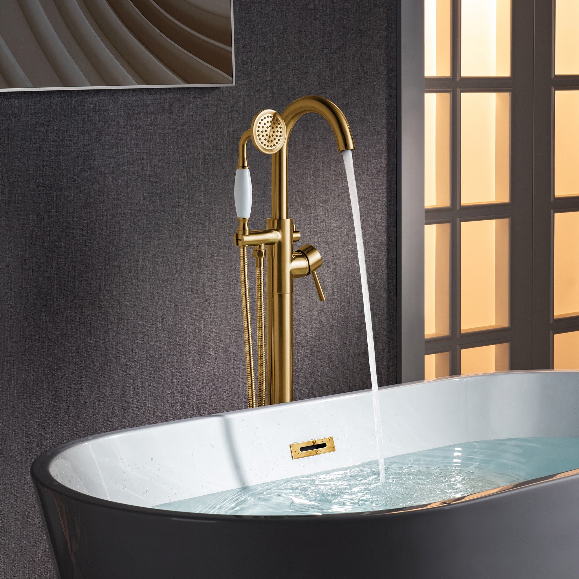 WOODBRIDGE Fusion Single Handle Floor Mount Freestanding Tub Filler Faucet with Telephone Hand shower