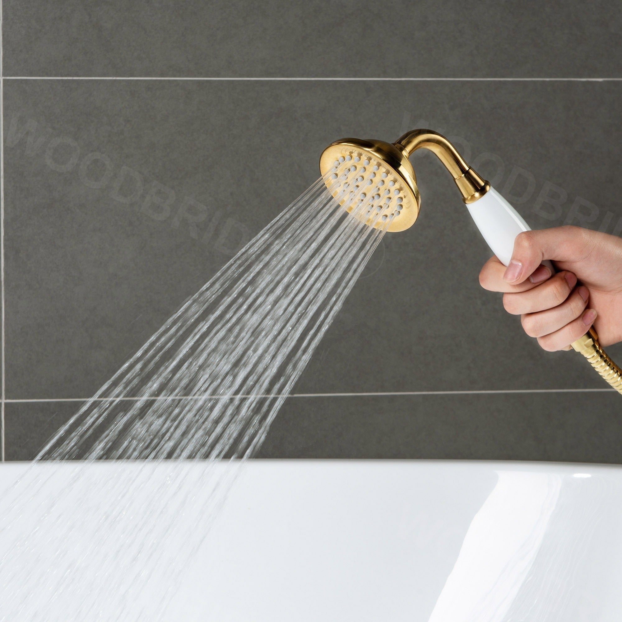 WOODBRIDGE Fusion Single Handle Floor Mount Freestanding Tub Filler Faucet with Telephone Hand shower