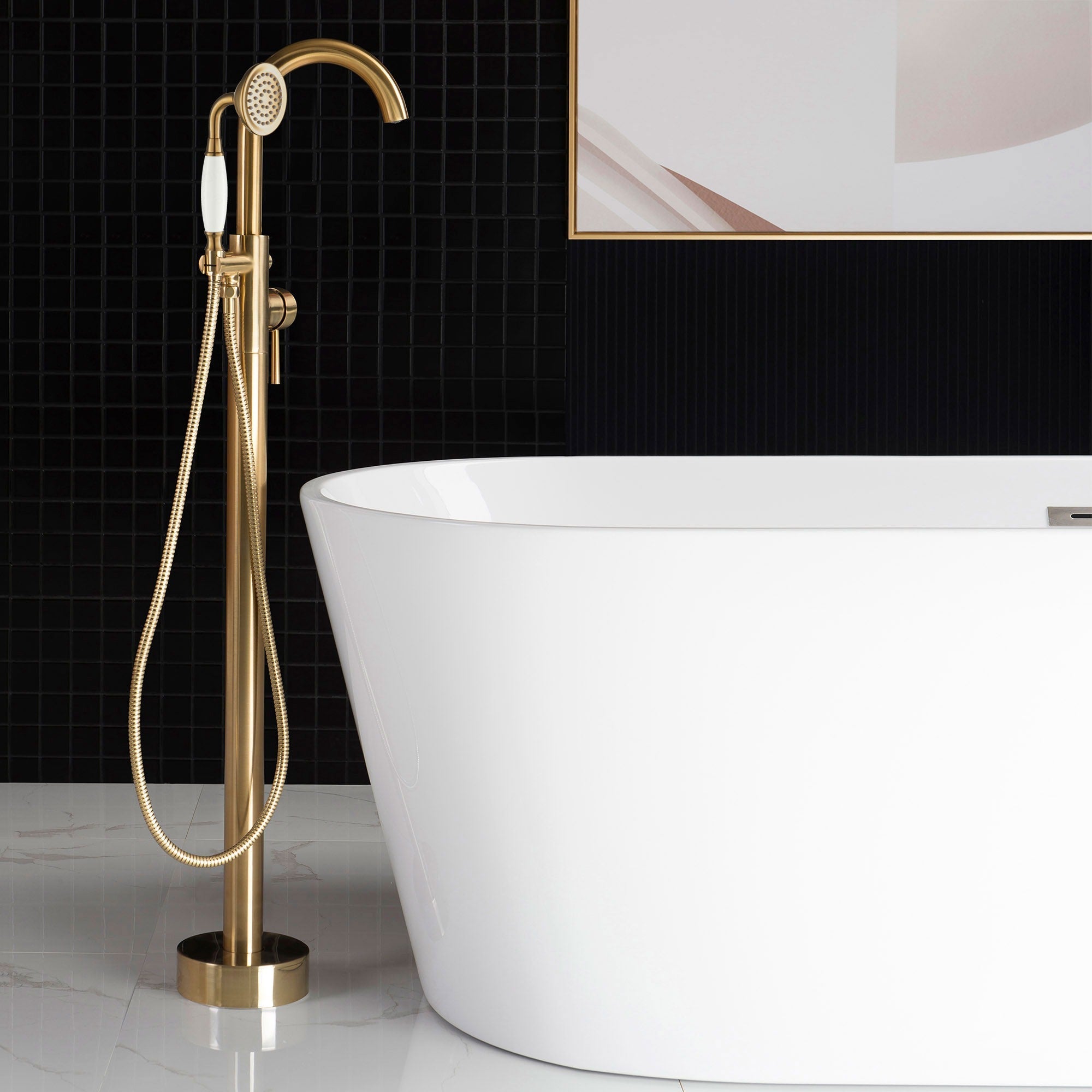WOODBRIDGE Fusion Single Handle Floor Mount Freestanding Tub Filler Faucet with Telephone Hand shower