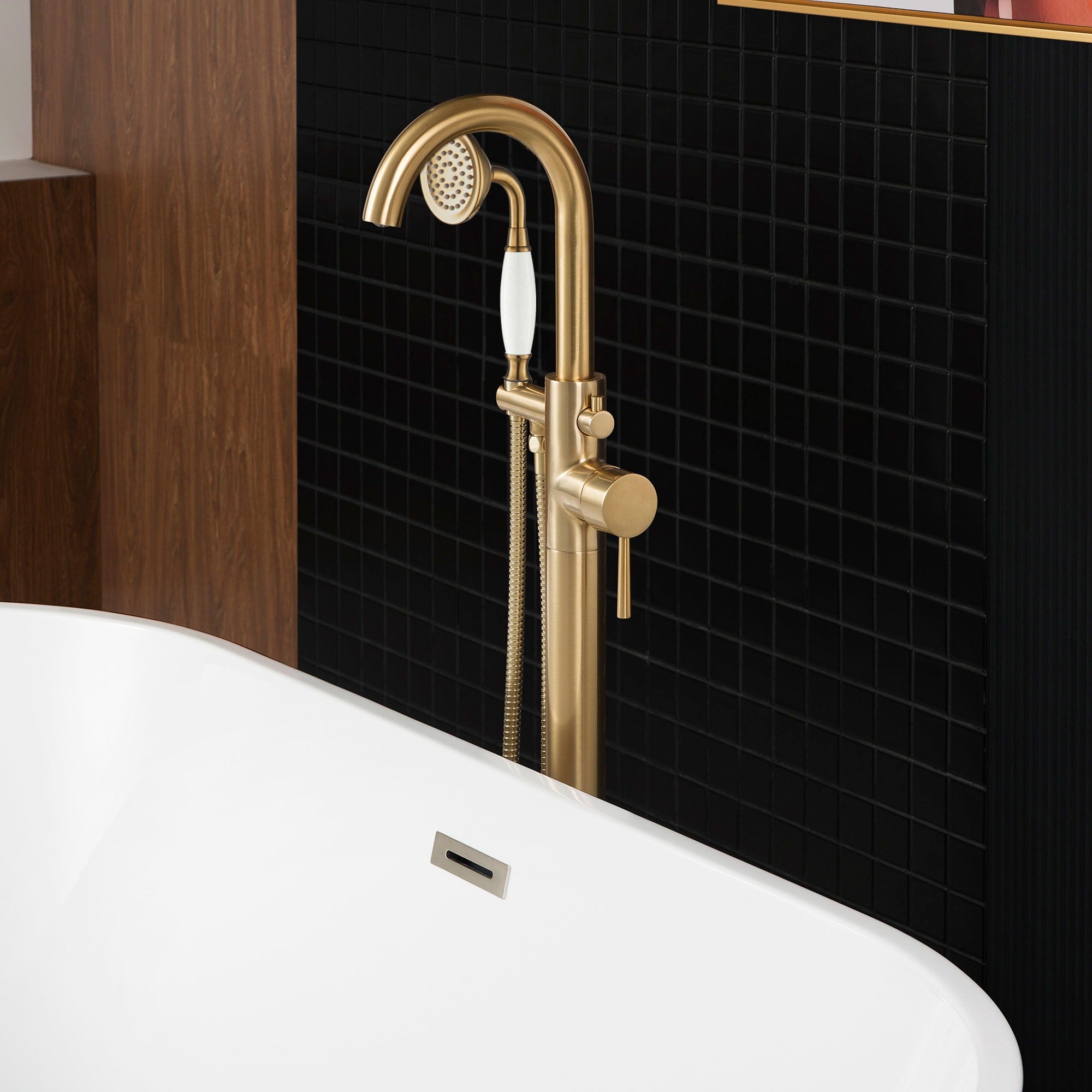 WOODBRIDGE Fusion Single Handle Floor Mount Freestanding Tub Filler Faucet with Telephone Hand shower