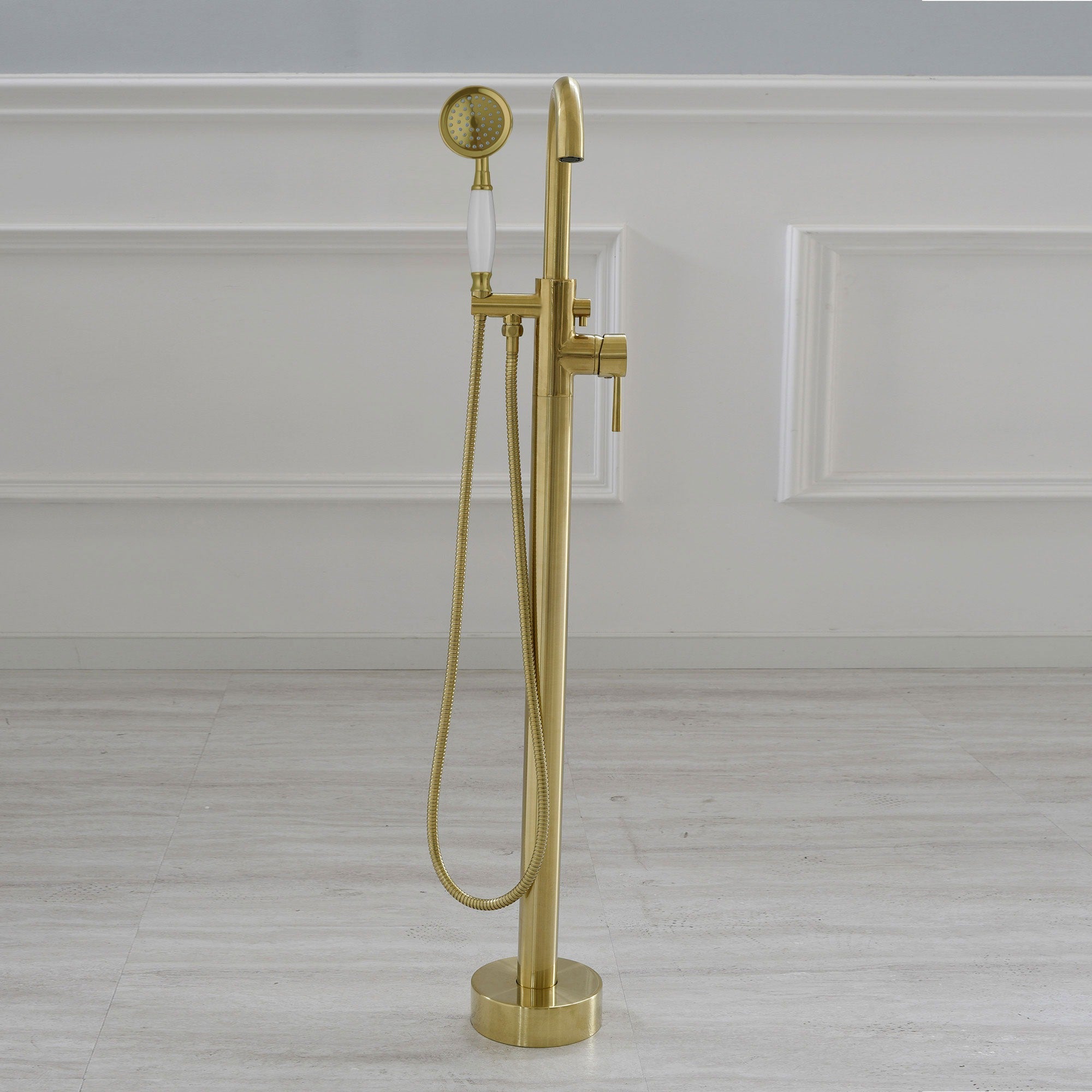 WOODBRIDGE Fusion Single Handle Floor Mount Freestanding Tub Filler Faucet with Telephone Hand shower