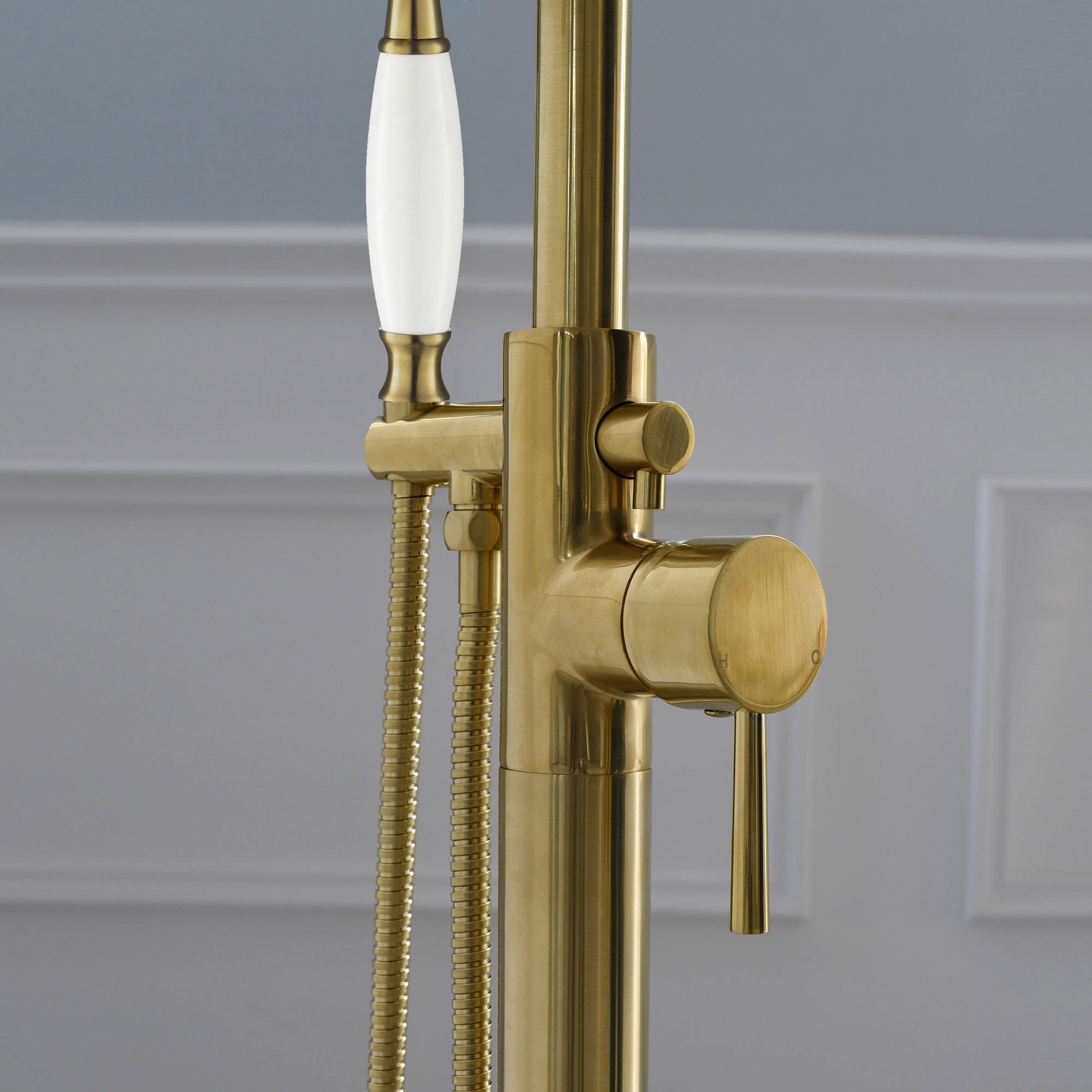 WOODBRIDGE Fusion Single Handle Floor Mount Freestanding Tub Filler Faucet with Telephone Hand shower