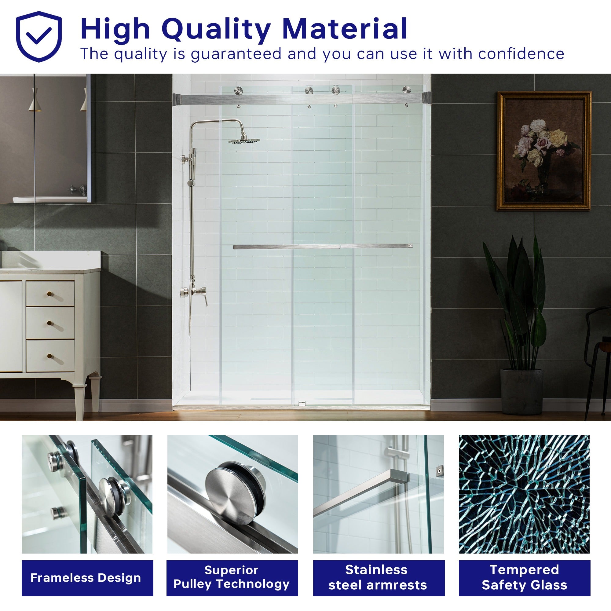 WOODBRIDGE Frameless Shower Doors 56-60" Width x 76" Height with 5/16"(8mm) Clear Tempered Glass Double Sliding with Side Seal Strips,DDS-6076