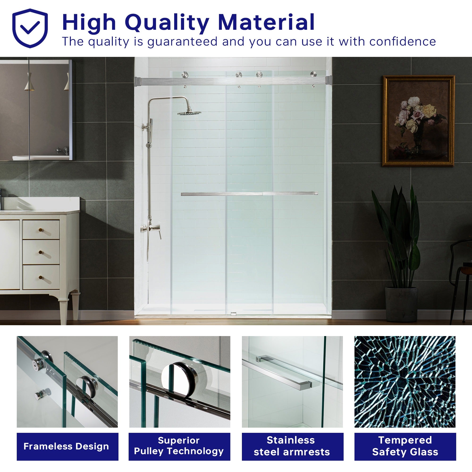 WOODBRIDGE Frameless Shower Doors 56-60" Width x 76" Height with 5/16"(8mm) Clear Tempered Glass Double Sliding with Side Seal Strips,DDS-6076