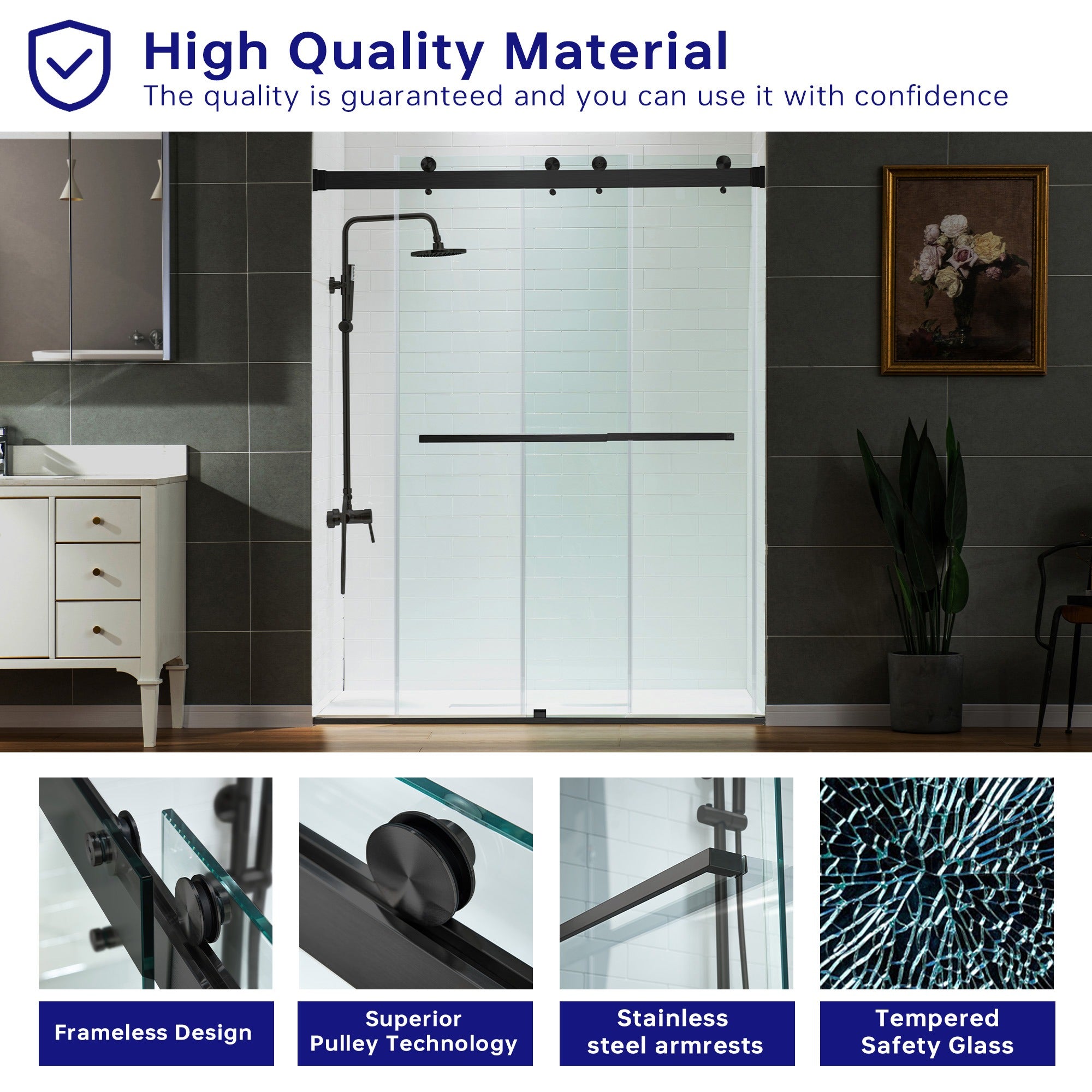WOODBRIDGE Frameless Shower Doors 56-60" Width x 76" Height with 5/16"(8mm) Clear Tempered Glass Double Sliding with Side Seal Strips,DDS-6076