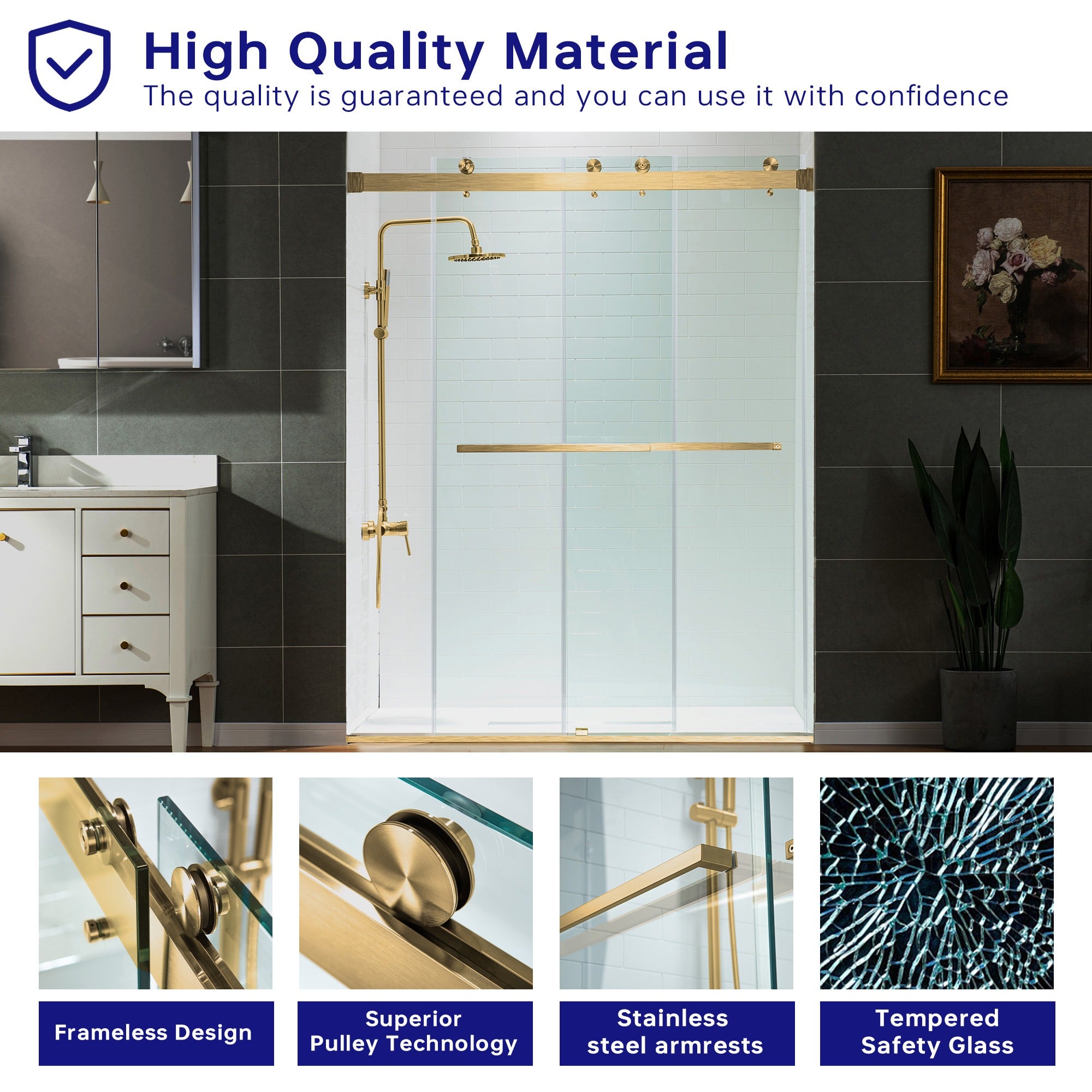 WOODBRIDGE Frameless Shower Doors 56-60" Width x 76" Height with 5/16"(8mm) Clear Tempered Glass Double Sliding with Side Seal Strips,DDS-6076