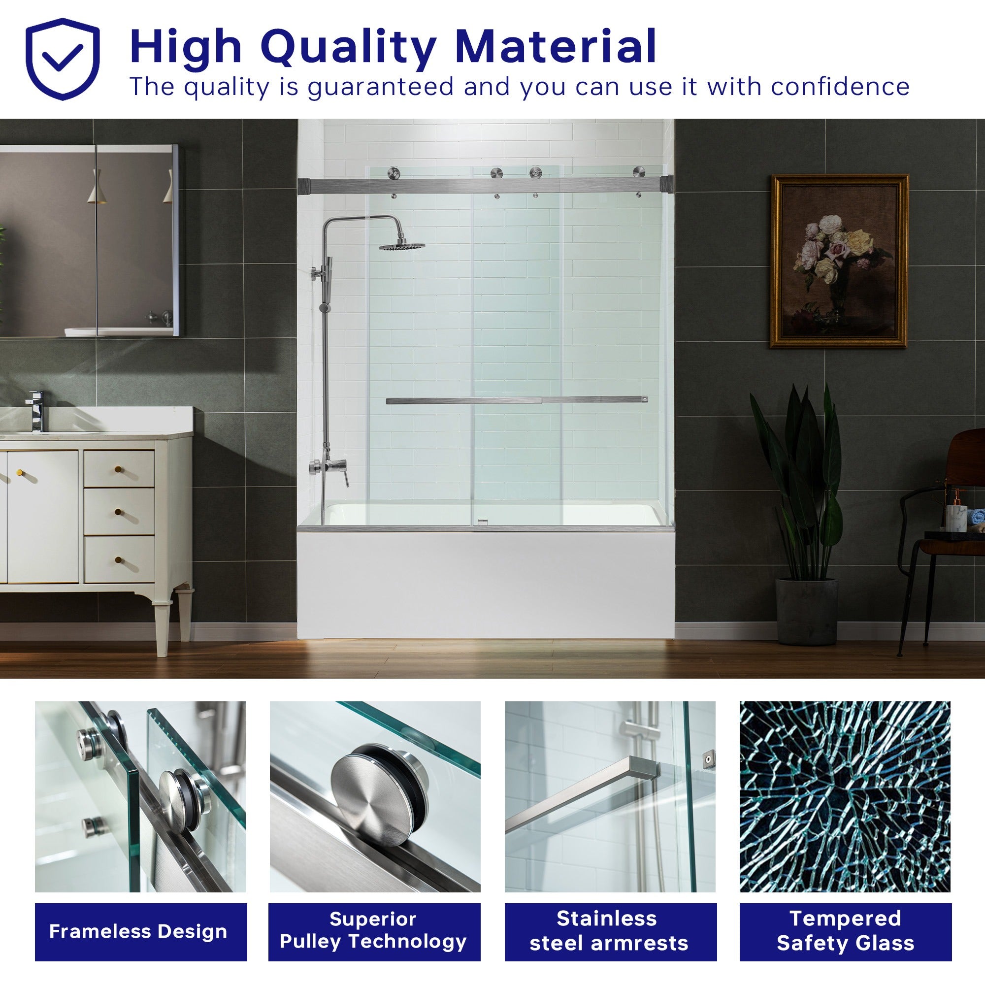 WOODBRIDGE Frameless Bathtub Shower Doors 56-60" Width x 66" Height with 5/16"(8mm) Clear Tempered Glass Double Sliding with Side Seal Strips, DDS-6066
