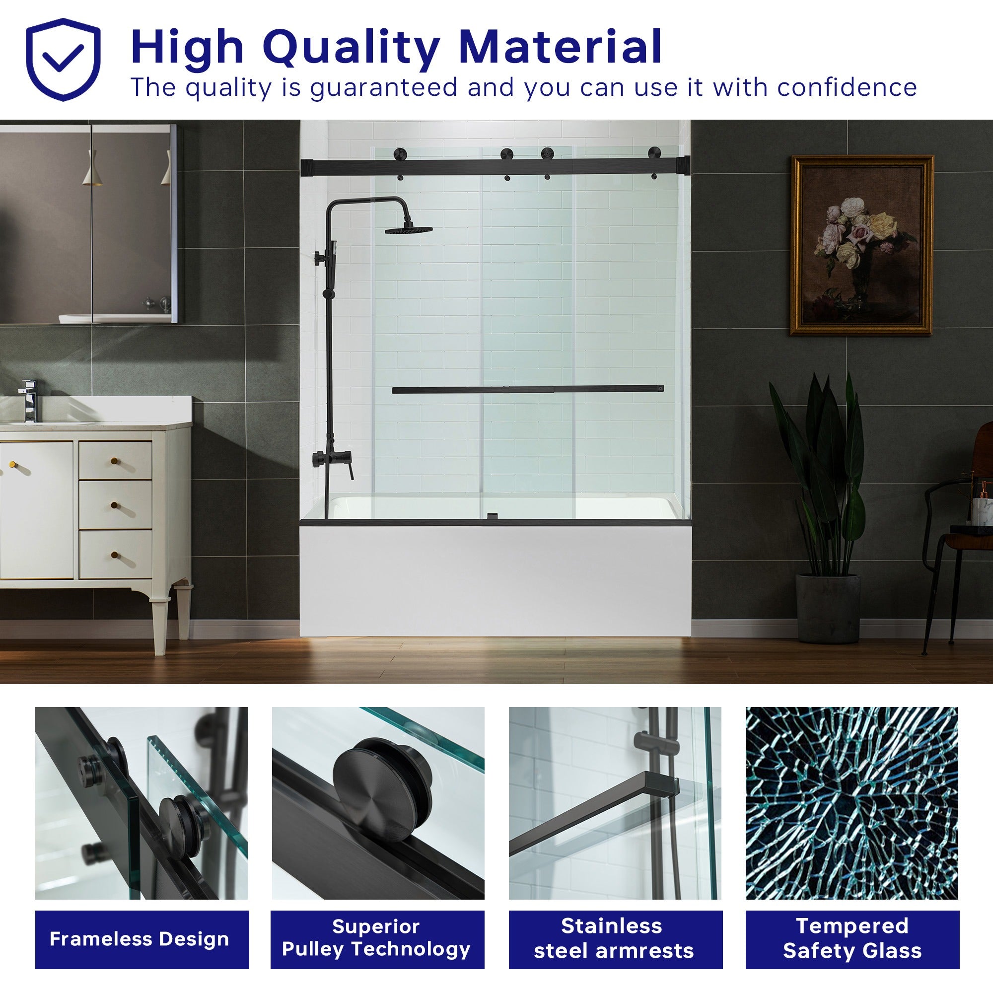 WOODBRIDGE Frameless Bathtub Shower Doors 56-60" Width x 66" Height with 5/16"(8mm) Clear Tempered Glass Double Sliding with Side Seal Strips, DDS-6066