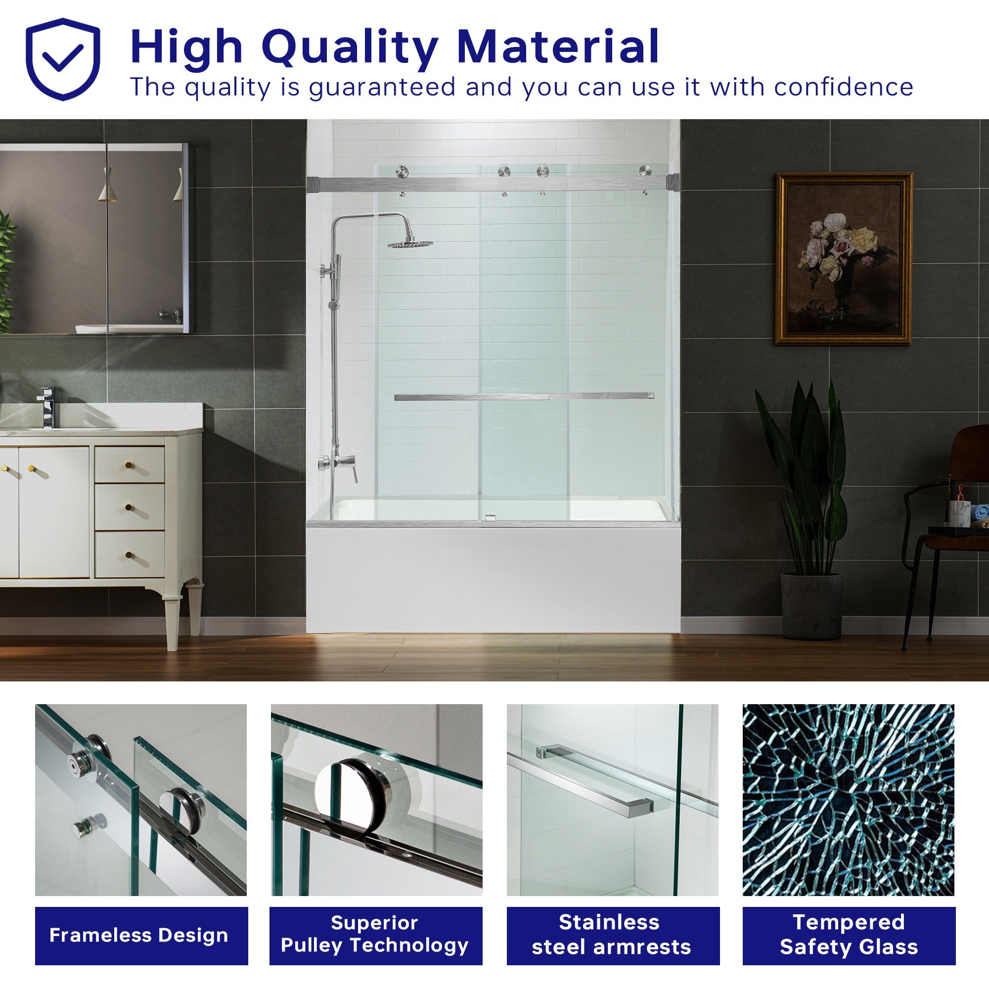 WOODBRIDGE Frameless Bathtub Shower Doors 56-60" Width x 66" Height with 5/16"(8mm) Clear Tempered Glass Double Sliding with Side Seal Strips, DDS-6066