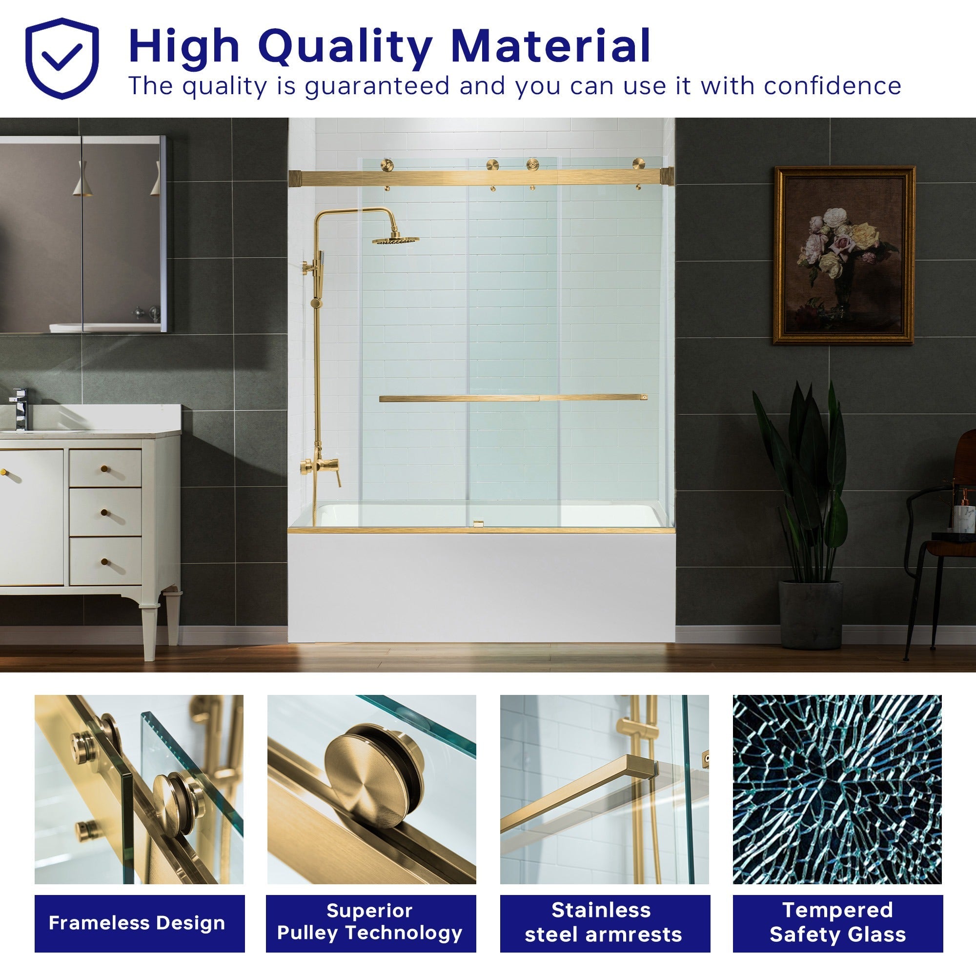 WOODBRIDGE Frameless Bathtub Shower Doors 56-60" Width x 66" Height with 5/16"(8mm) Clear Tempered Glass Double Sliding with Side Seal Strips, DDS-6066