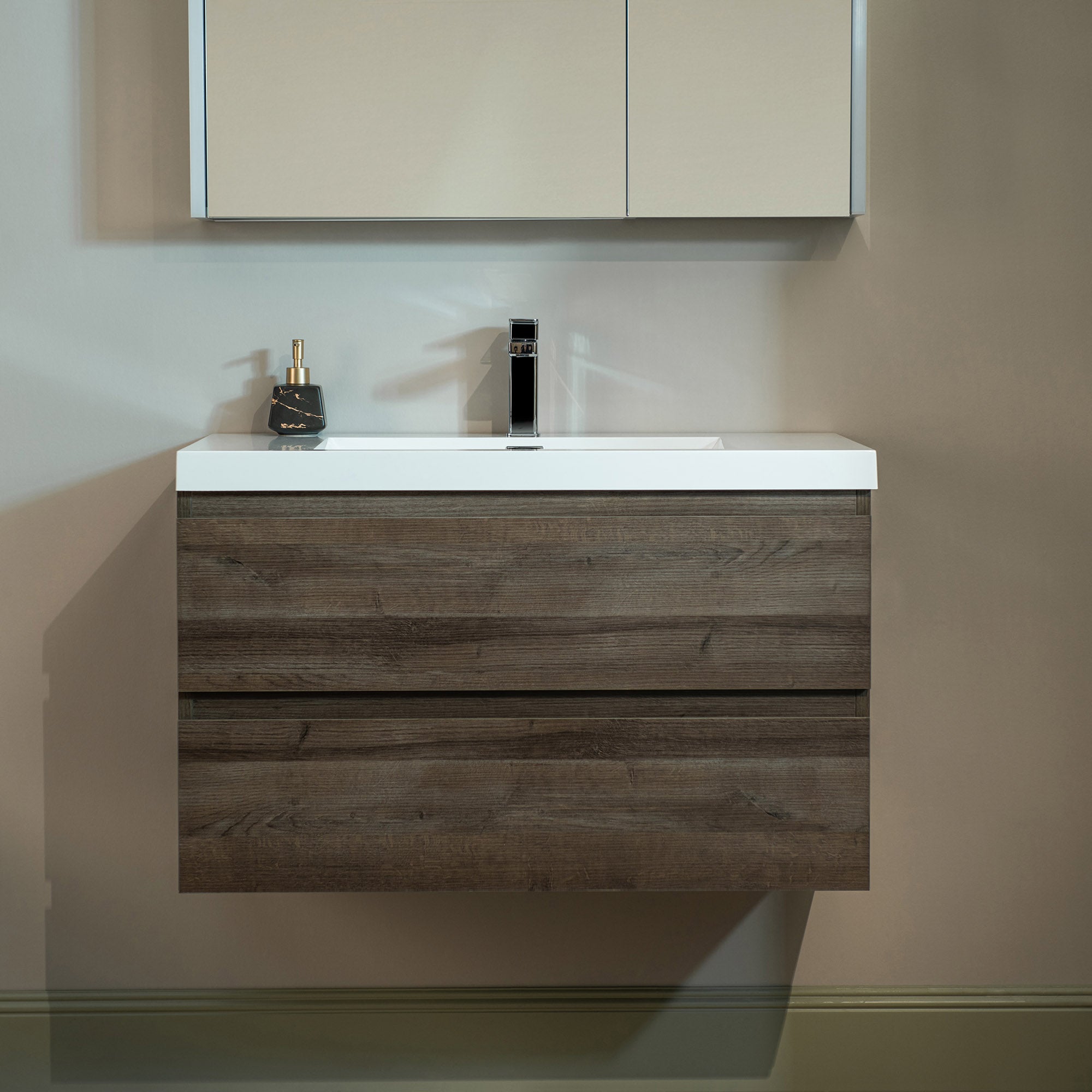 WOODBRIDGE 23-5/8 in. W x 19-5/8 in. D Wall Mounted Floating Vanity in Grey Oak with Resin Composite Vanity Top in Glossy White