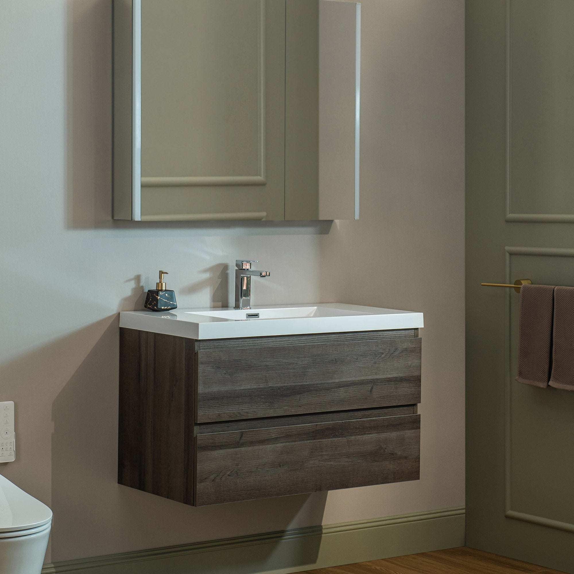 WOODBRIDGE 23-5/8 in. W x 19-5/8 in. D Wall Mounted Floating Vanity in Grey Oak with Resin Composite Vanity Top in Glossy White