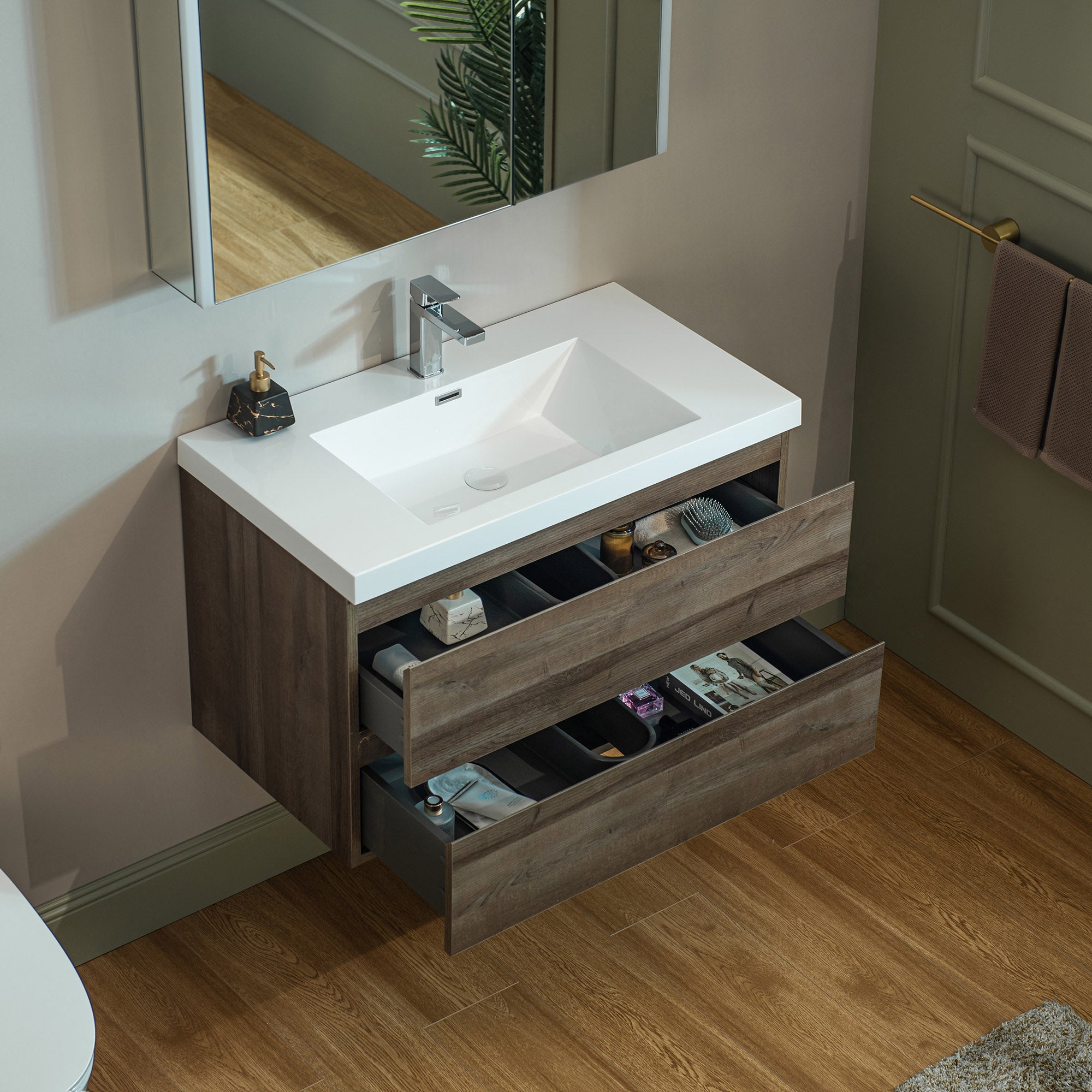 WOODBRIDGE 23-5/8 in. W x 19-5/8 in. D Wall Mounted Floating Vanity in Grey Oak with Resin Composite Vanity Top in Glossy White