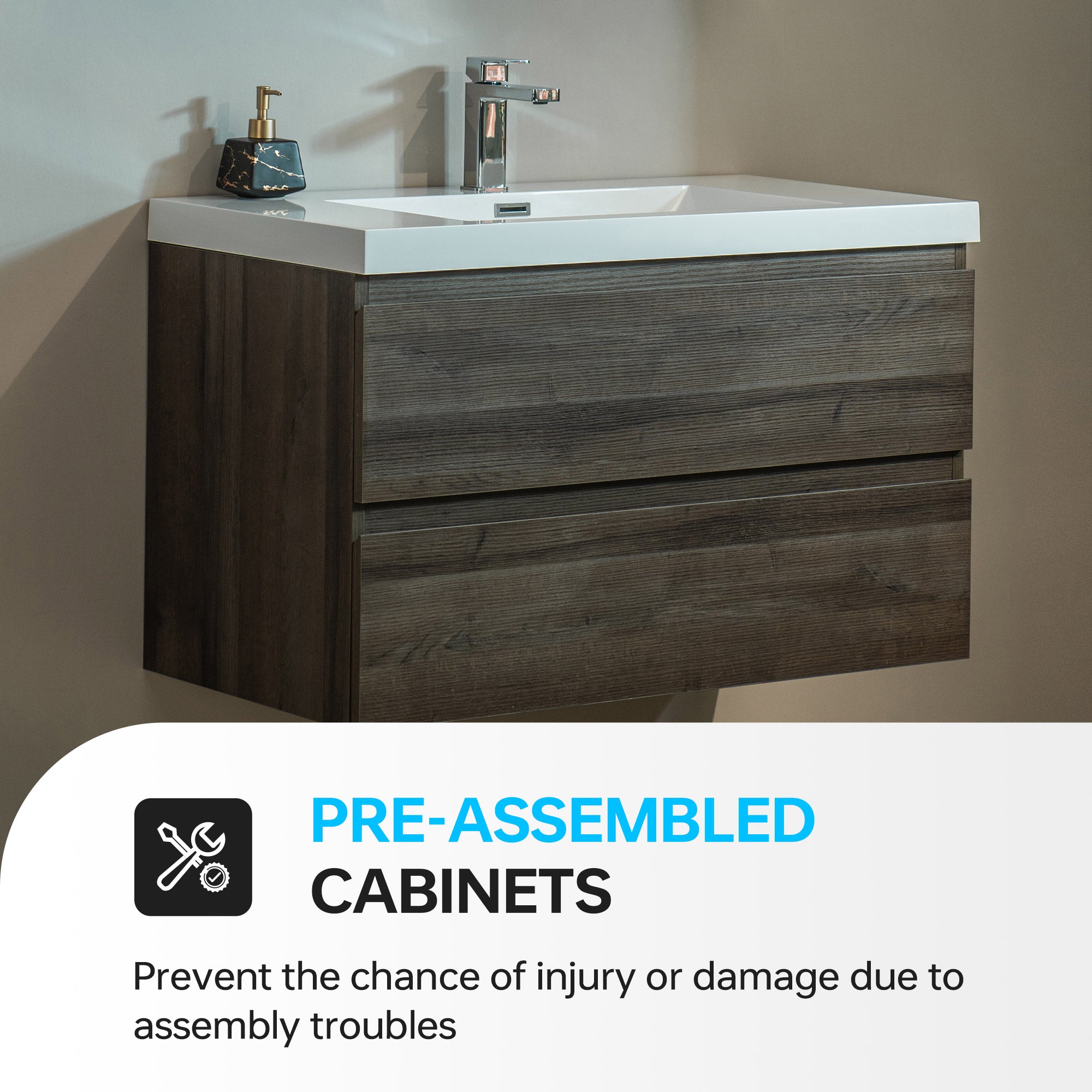 WOODBRIDGE 23-5/8 in. W x 19-5/8 in. D Wall Mounted Floating Vanity in Grey Oak with Resin Composite Vanity Top in Glossy White