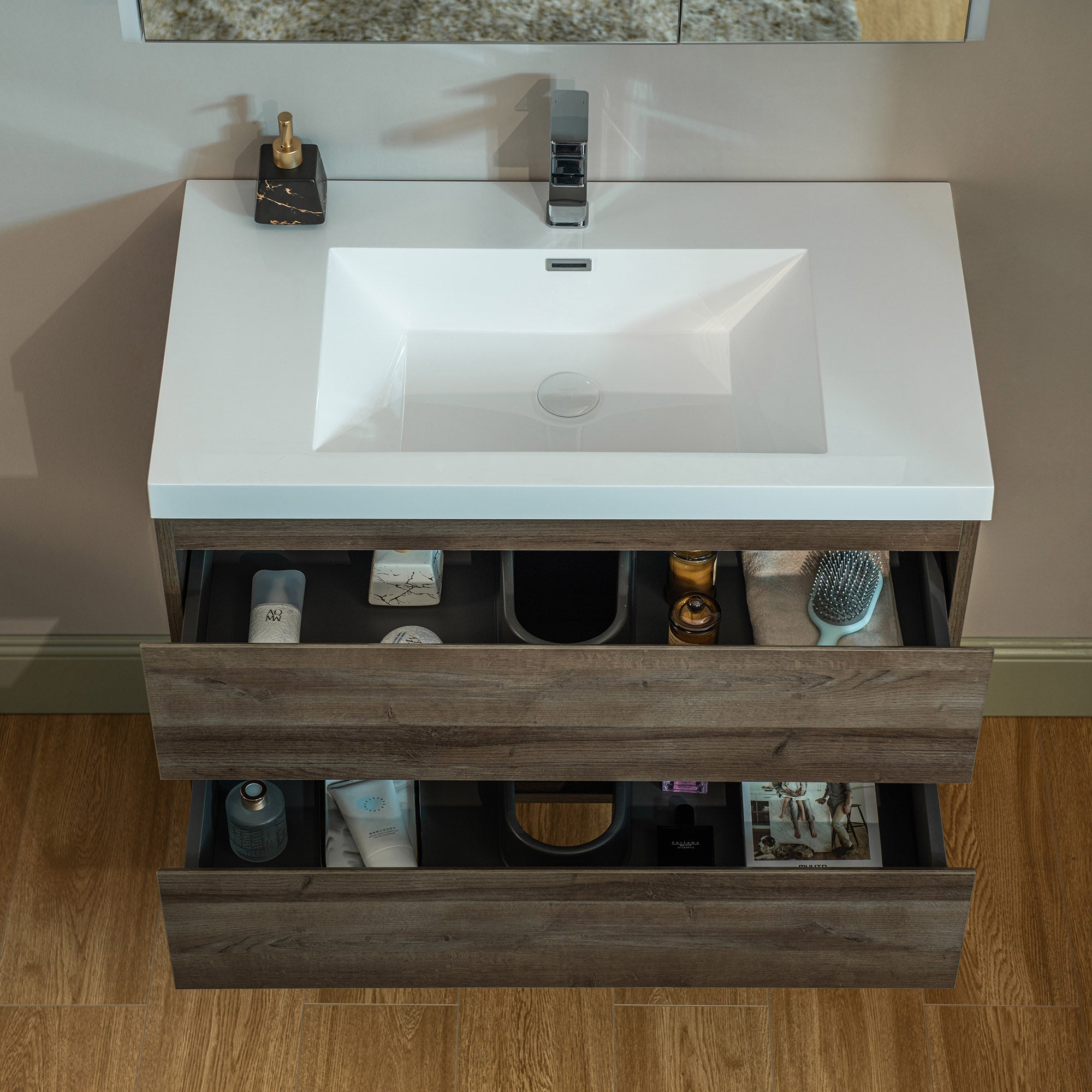 WOODBRIDGE 23-5/8 in. W x 19-5/8 in. D Wall Mounted Floating Vanity in Grey Oak with Resin Composite Vanity Top in Glossy White
