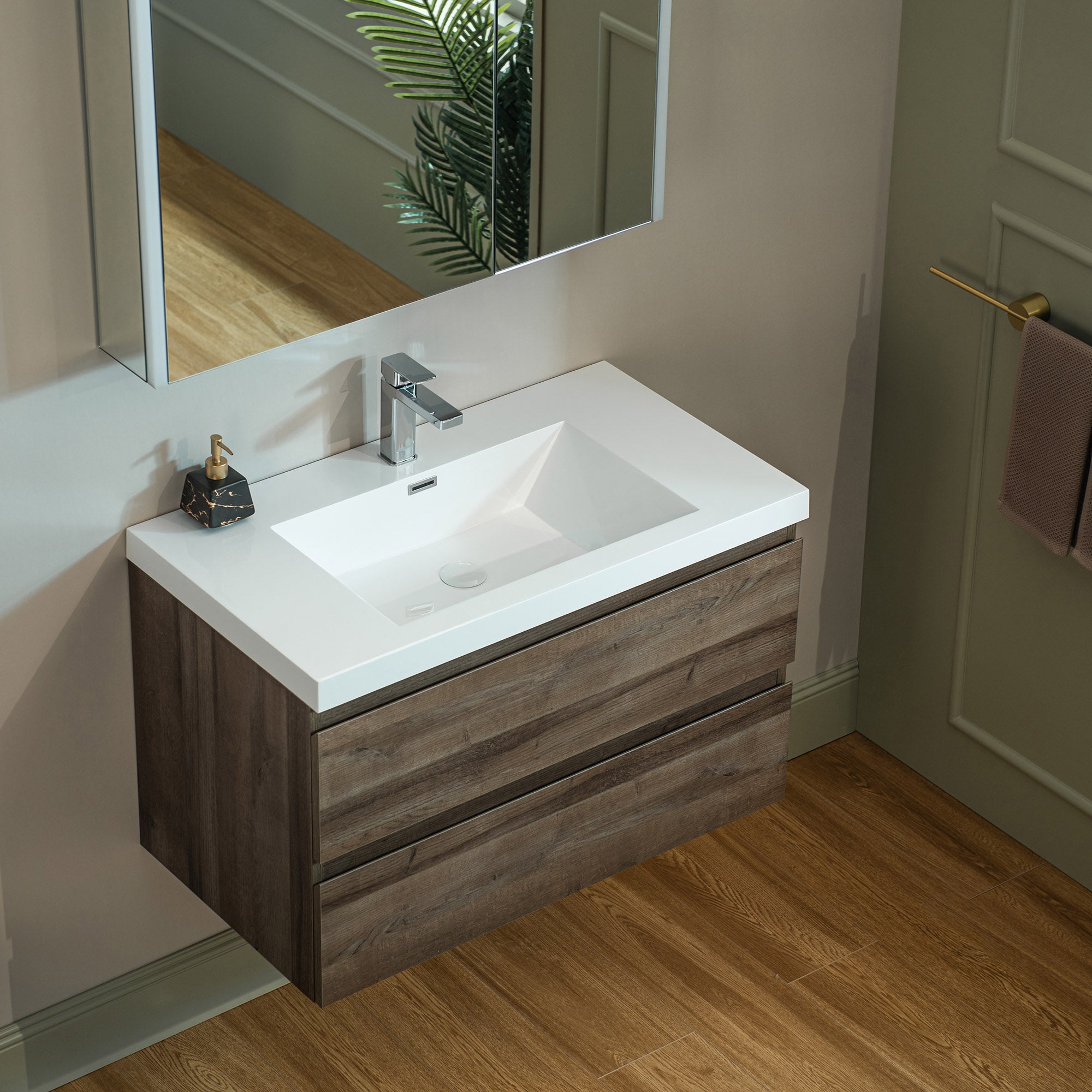 WOODBRIDGE 23-5/8 in. W x 19-5/8 in. D Wall Mounted Floating Vanity in Grey Oak with Resin Composite Vanity Top in Glossy White