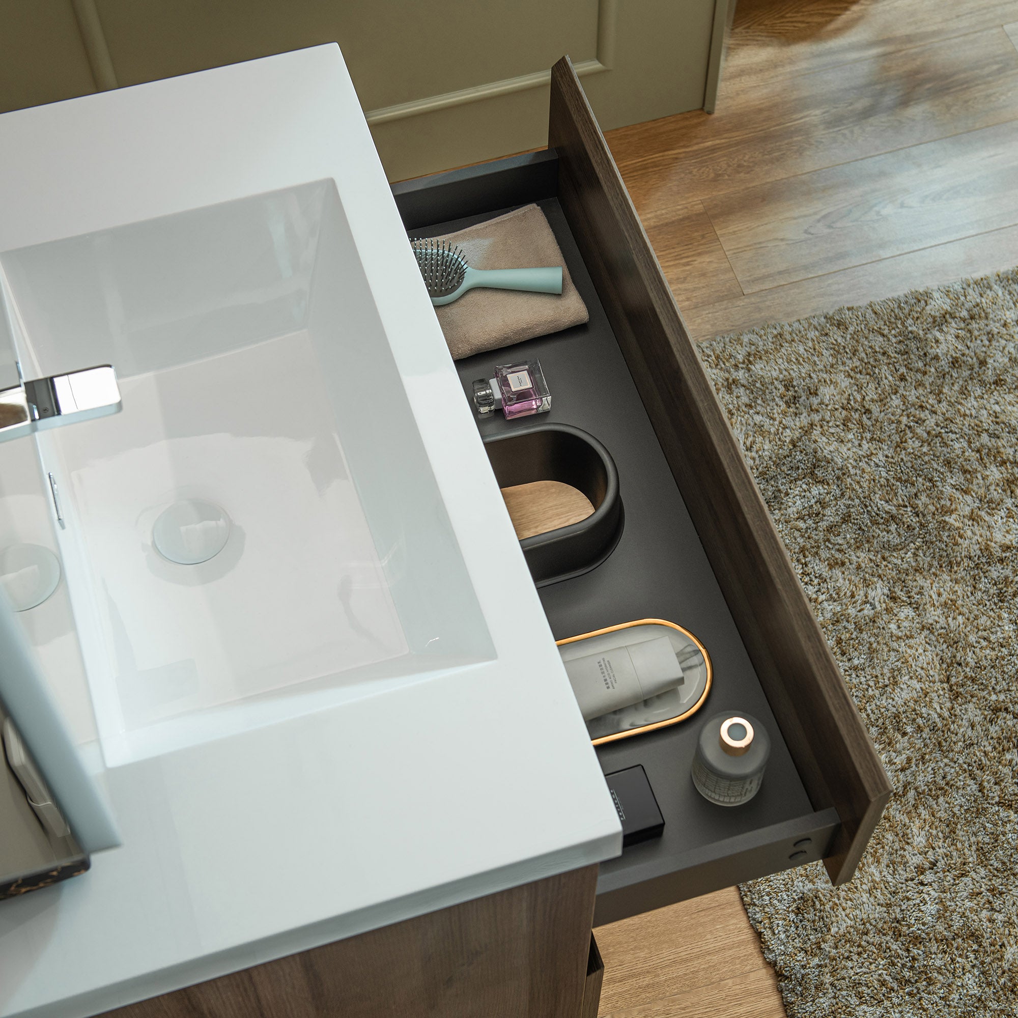 WOODBRIDGE 23-5/8 in. W x 19-5/8 in. D Wall Mounted Floating Vanity in Grey Oak with Resin Composite Vanity Top in Glossy White