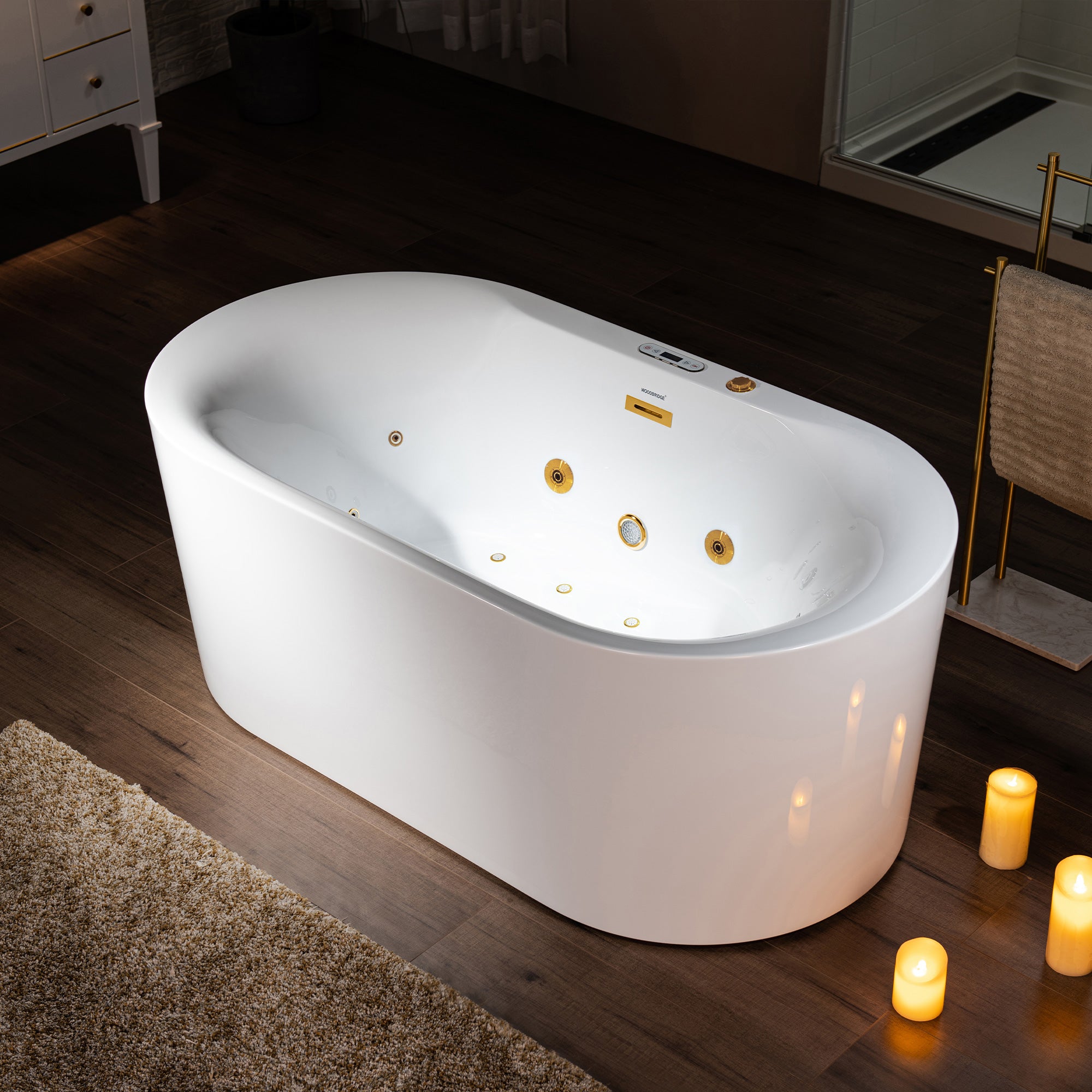 WOODBRIDGE 59" x 31-1/2" Whirlpool Water Jetted and Air Bubble Freestanding Heated Soaking Combination Bathtub with LED control panel