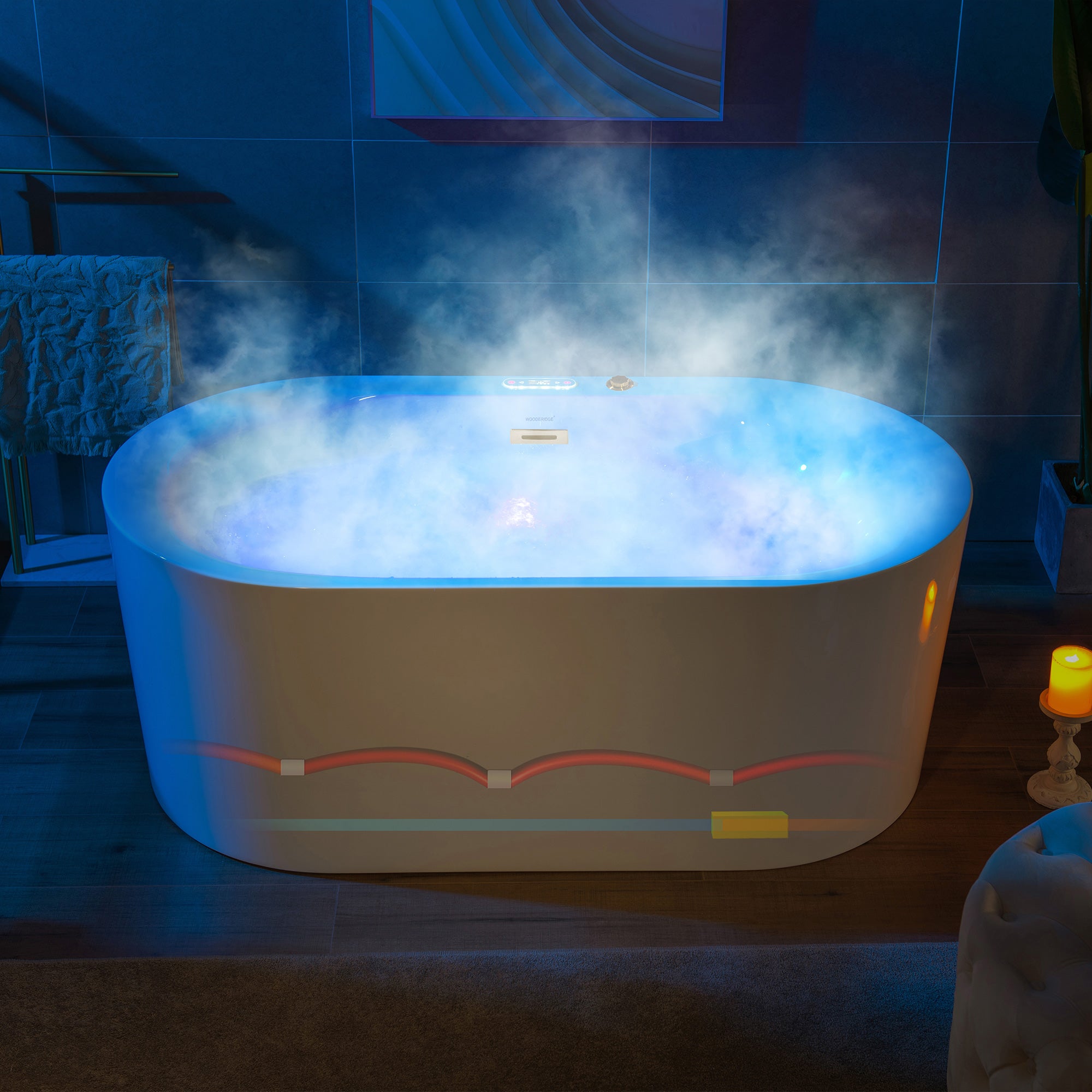 WOODBRIDGE 59" x 31-1/2" Whirlpool Water Jetted and Air Bubble Freestanding Heated Soaking Combination Bathtub with LED control panel