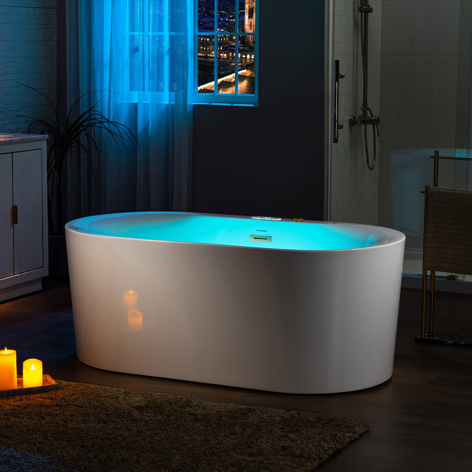 WOODBRIDGE 59" x 31-1/2" Whirlpool Water Jetted and Air Bubble Freestanding Heated Soaking Combination Bathtub with LED control panel