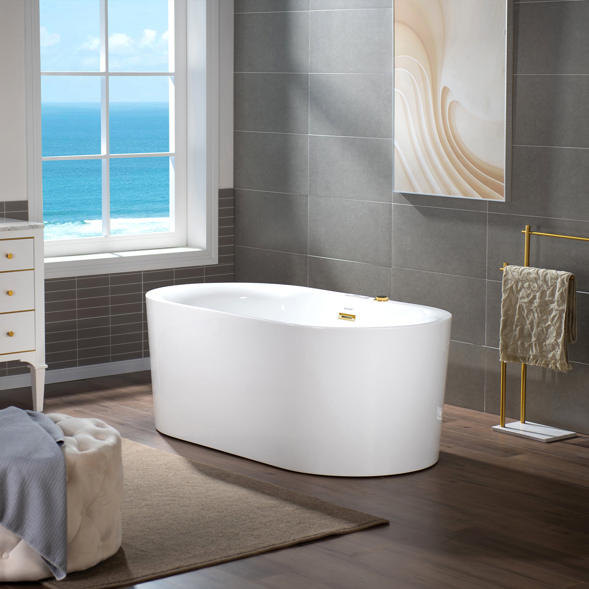 WOODBRIDGE 59" x 31-1/2" Whirlpool Water Jetted and Air Bubble Freestanding Heated Soaking Combination Bathtub with LED control panel