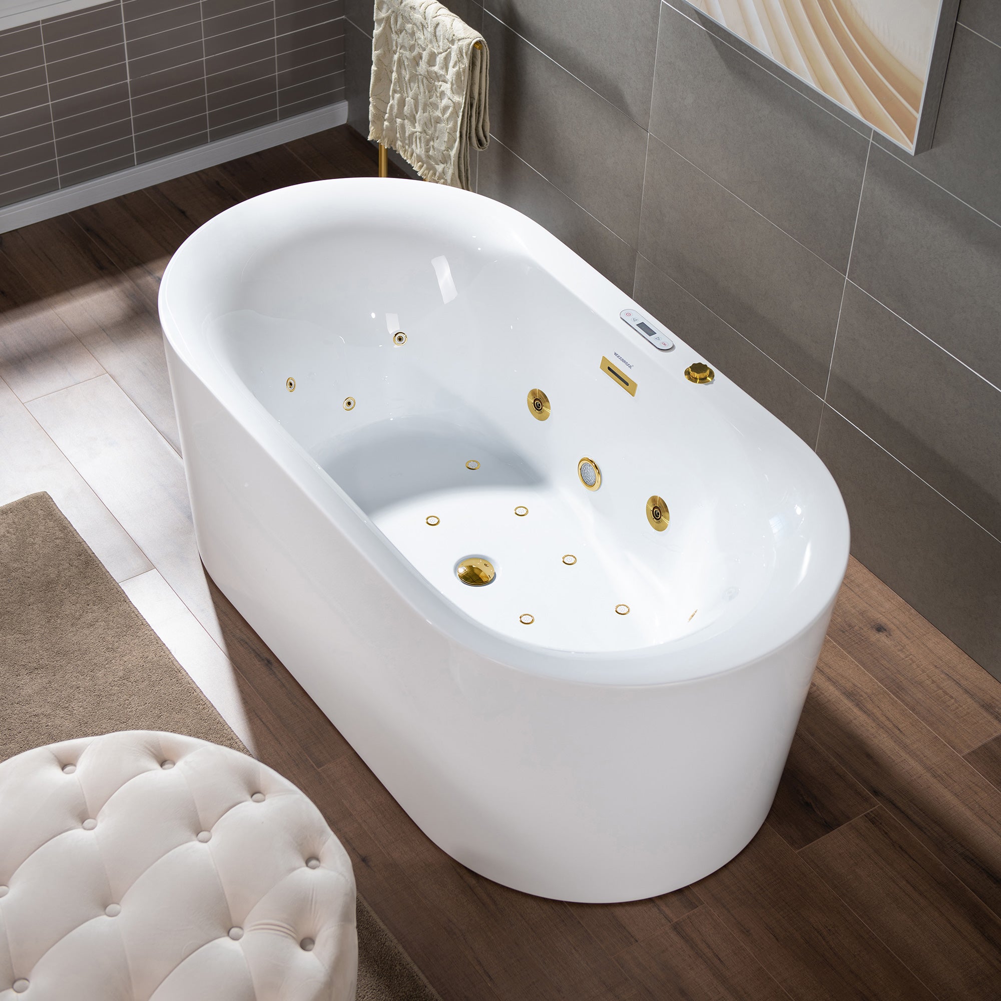 WOODBRIDGE 59" x 31-1/2" Whirlpool Water Jetted and Air Bubble Freestanding Heated Soaking Combination Bathtub with LED control panel