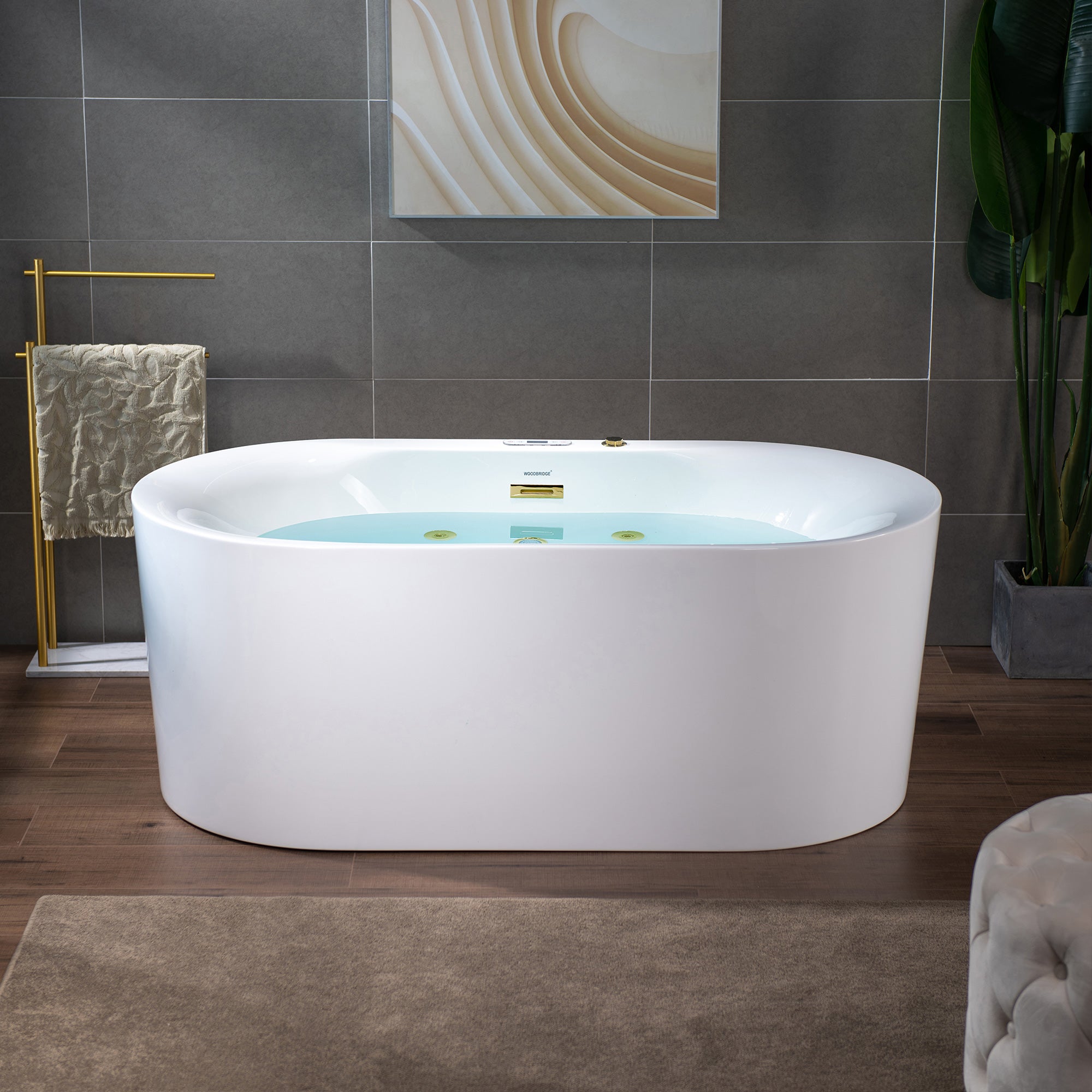WOODBRIDGE 59" x 31-1/2" Whirlpool Water Jetted and Air Bubble Freestanding Heated Soaking Combination Bathtub with LED control panel