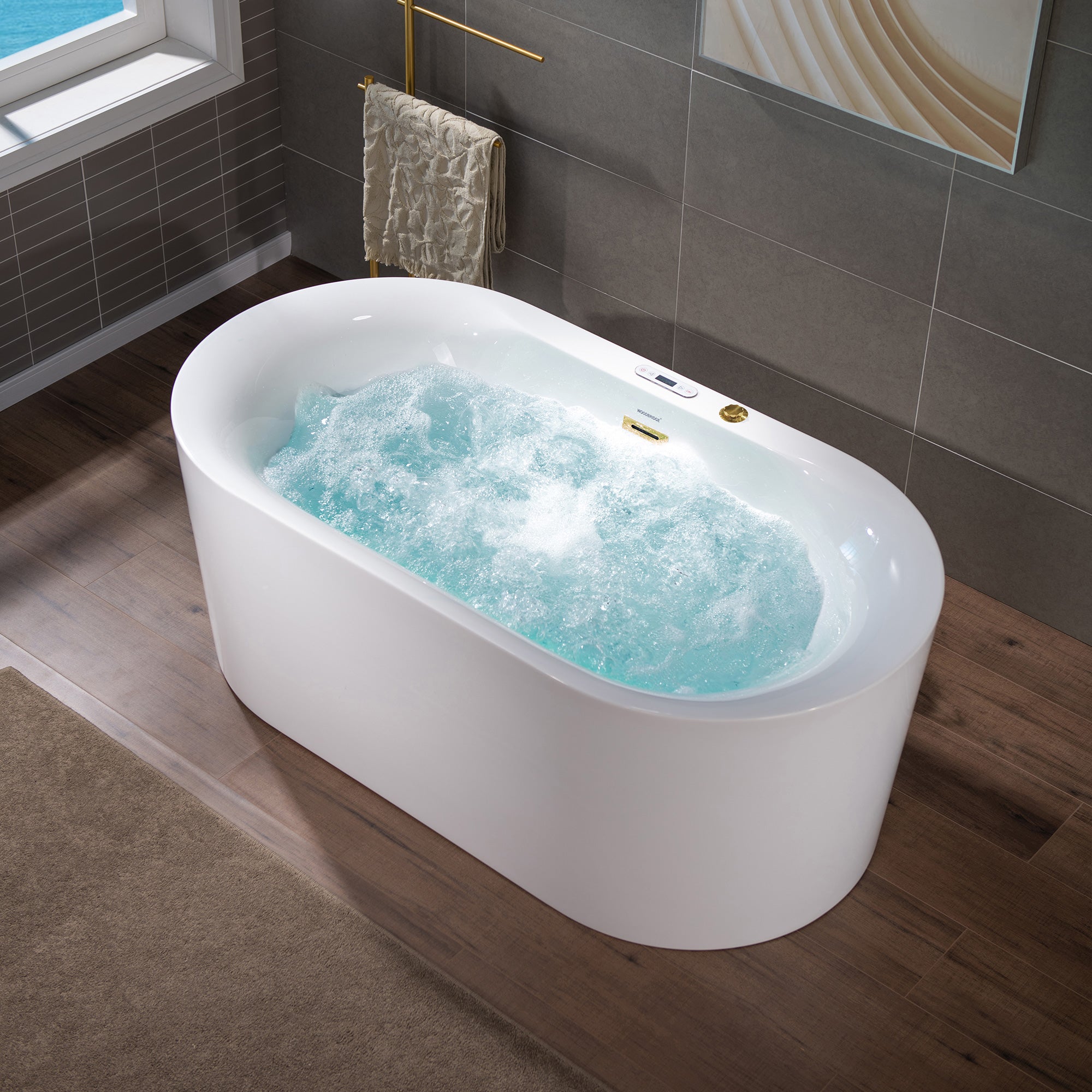WOODBRIDGE 59" x 31-1/2" Whirlpool Water Jetted and Air Bubble Freestanding Heated Soaking Combination Bathtub with LED control panel